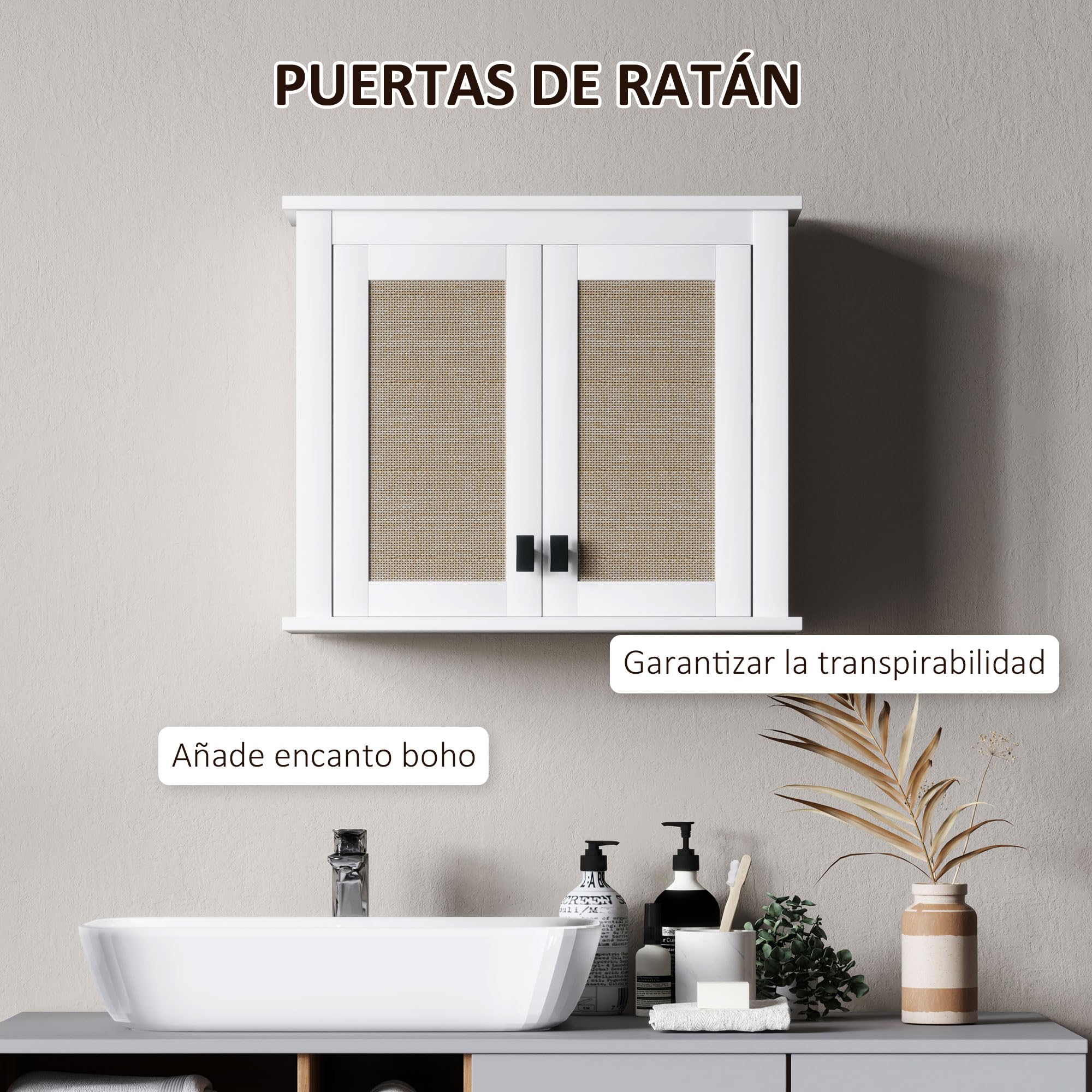 HOMCOM Armario de Pared para Baño Mueble Baño Suspendido 60 cm Blanco | 2 Puertas de Ratán PE, Estante Ajustable, Multiusos, 60x19,5x49,4 cm