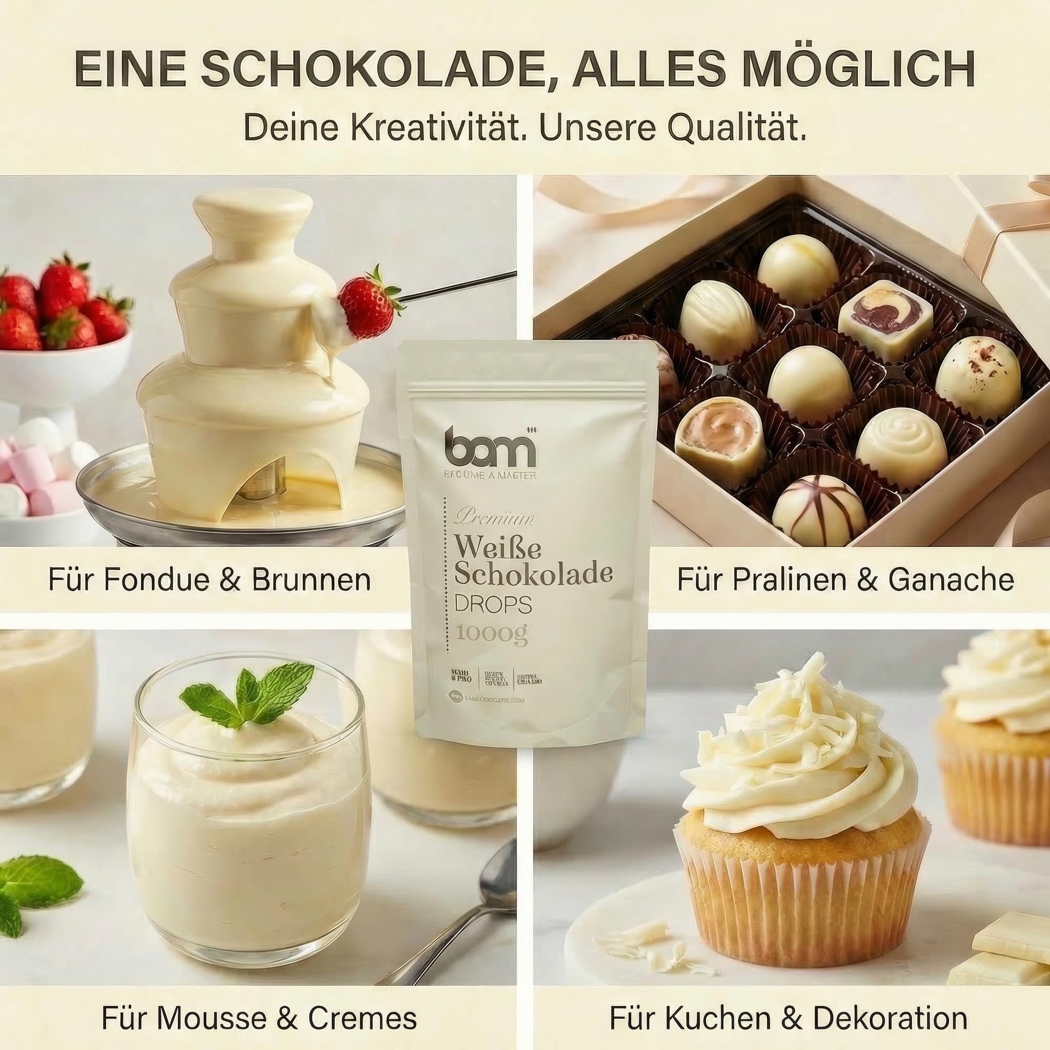 BAM Weiße Schokolade Drops – Kuvertüre Callets zum Schmelzen & Backen – Weiße Schokodrops für Schokofondue, Ganache & Schokobrunnen – White Chocolate Chips - 1 kg