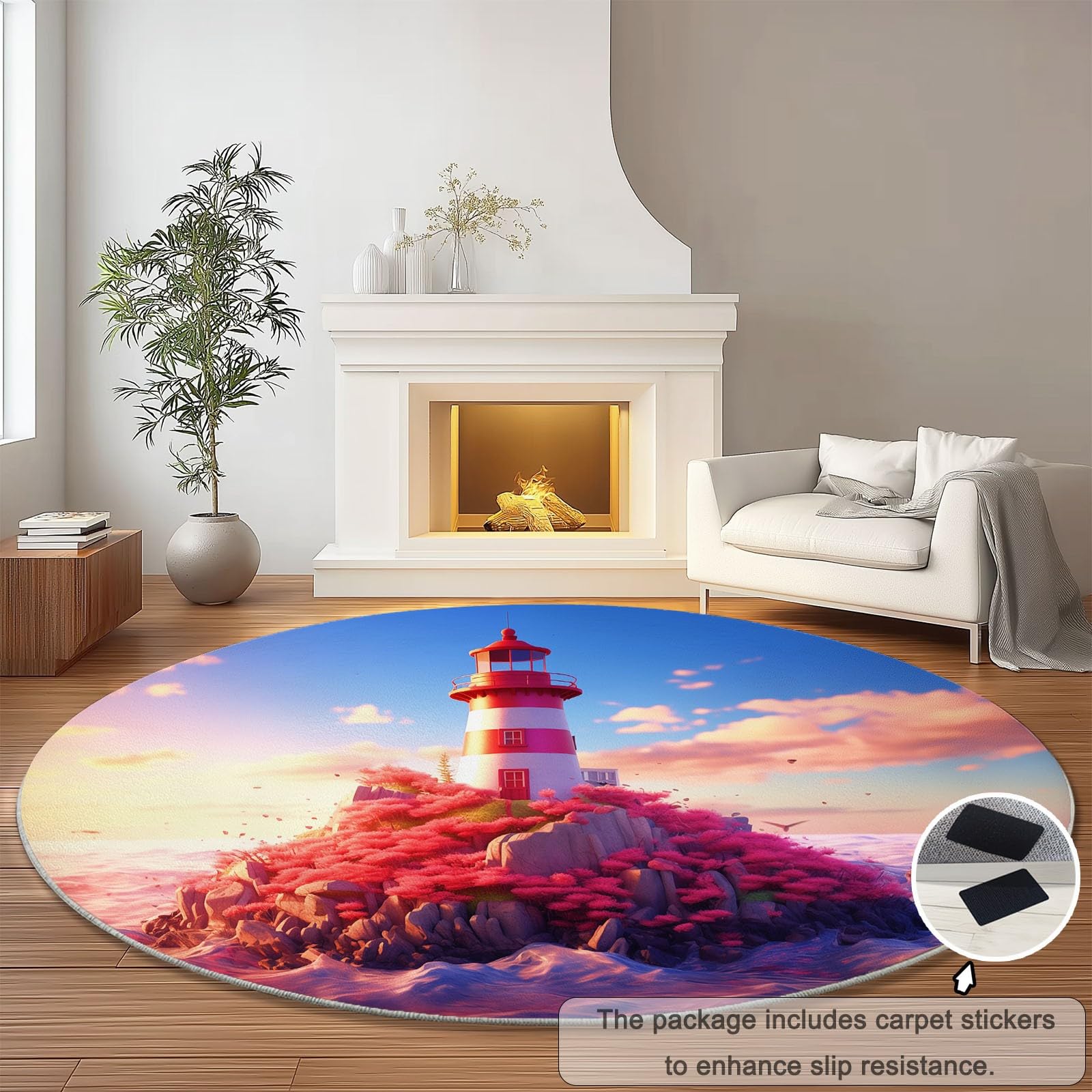 Miękki okrągły dywan Dream Rocks Island Ocean Theme, różowy niebieski zmywalny antypoślizgowy 160 cm okrągły dywan nie blaknie łatwo - do kuchni salonu sypialni jadalni przedpokoju