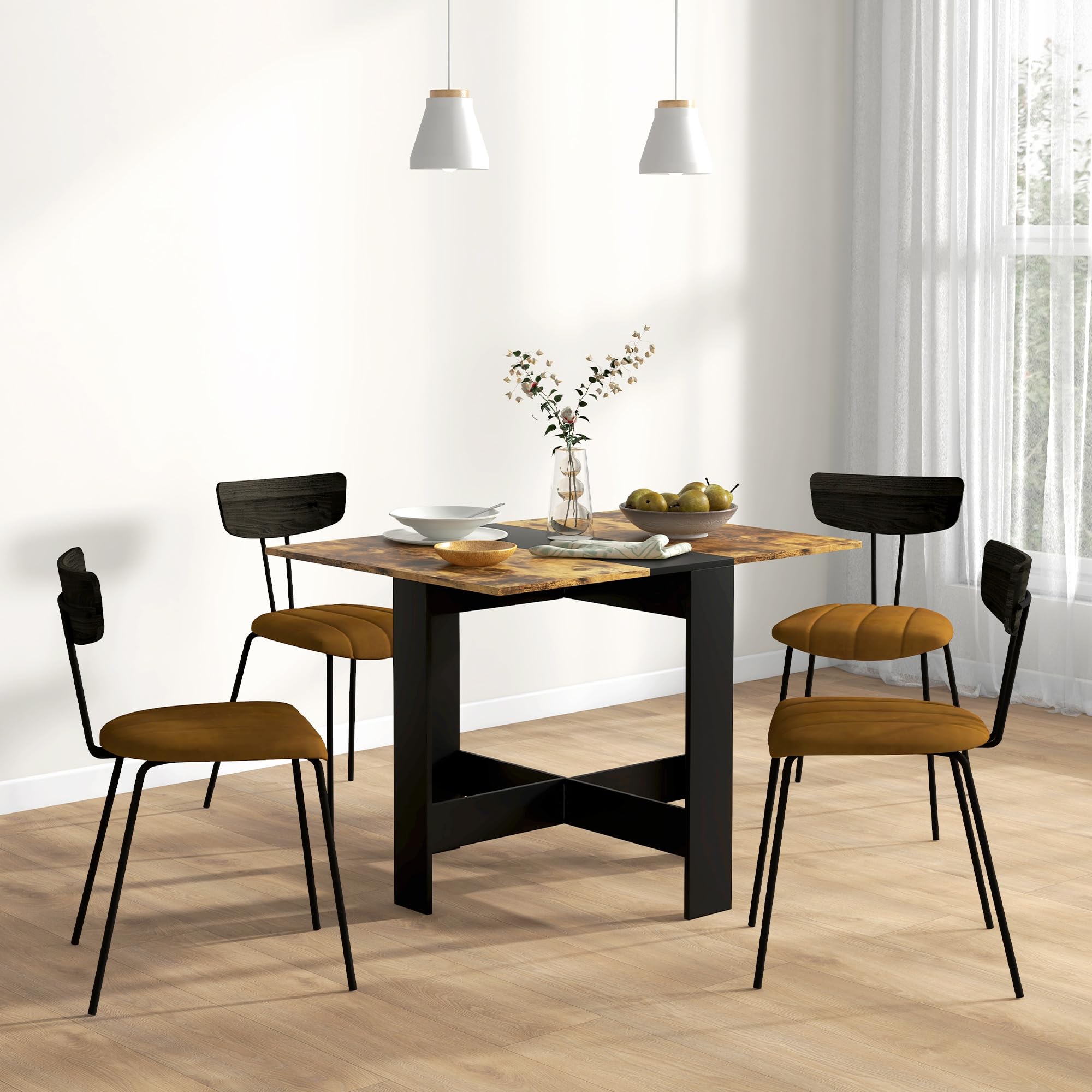 HOMCOM Mesa Plegable de Comedor Alas Abatibles Negro y Marrón Rústico | Mesa de Cocina Plegable, con Alas Abatibles, para Salón, Espacio Pequeño, 103x76x73,5cm