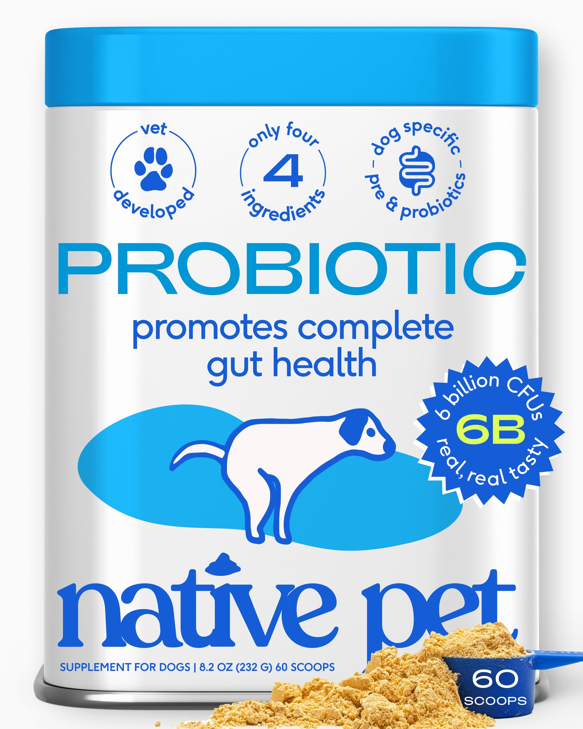 Native Pet Probiotics for Dogs – Dog Probiotic Powder for Gut &amp; Digestive Health, Vet-Formulated 6B CFUs Dog-Specific Probiotic Strains, Supports Stool Quality &amp; Diet Transitions – 60 Scoops