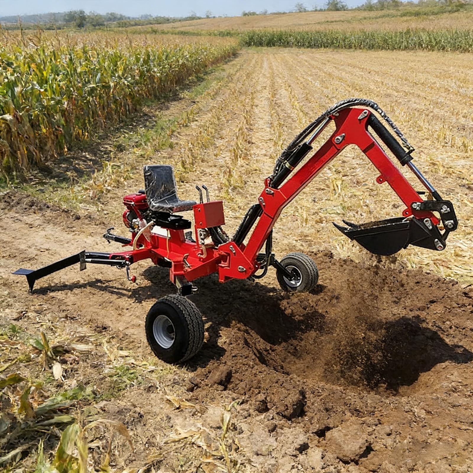 Mini escavatore a cucchiaia rovesciata, scavatore idraulico a 360 gradi con valvole multifunzione e pneumatici resistenti per fattoria e scavo