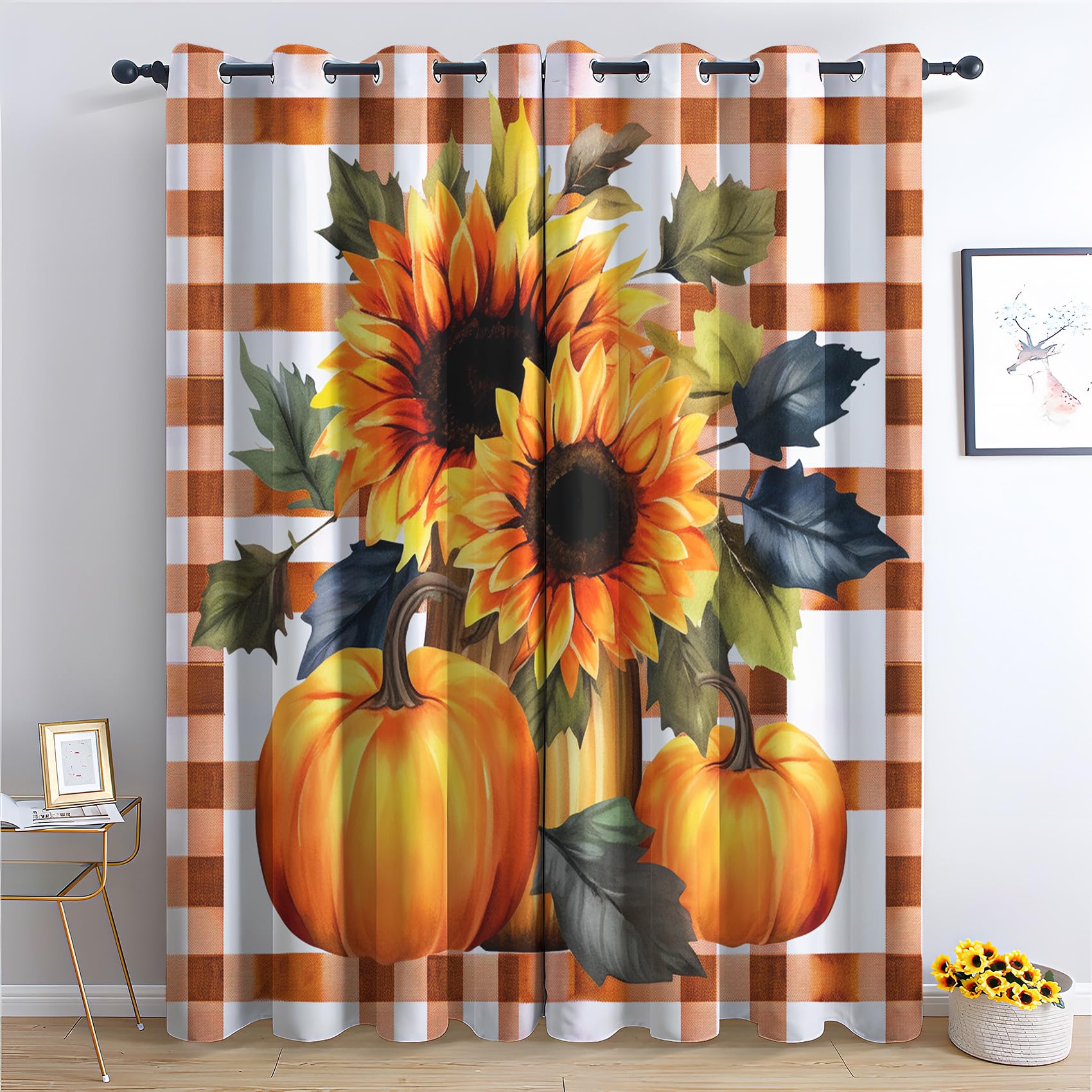 Thanksgiving Bedroom Curtains Blackout - Sunflower Pumpkin Orange Checkered Living Room Curtains 90x108 Eyelet - Soft Thermal Insulated Patterned Drapes for Windows - 2 Panels