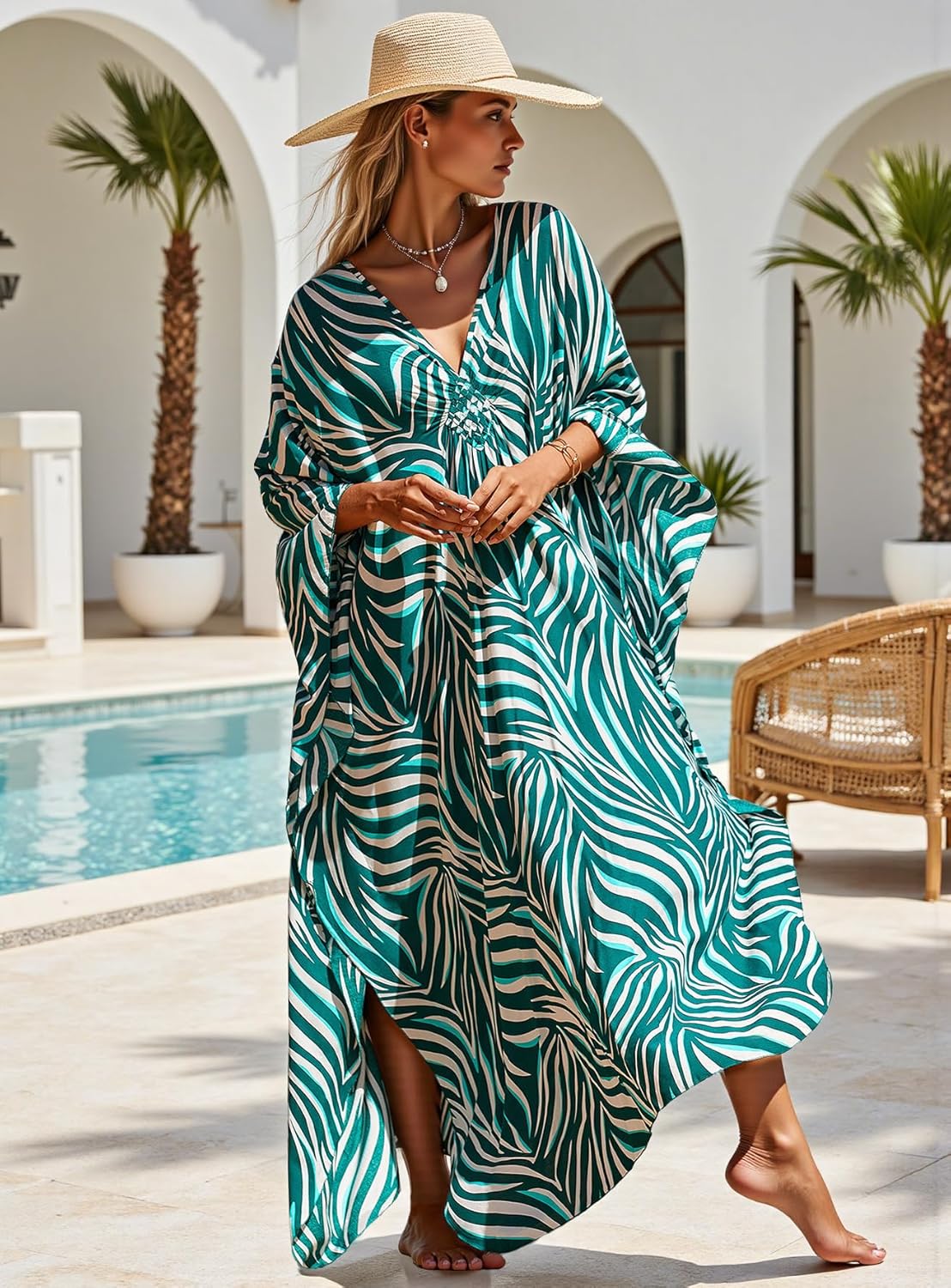 Women's Plus Size Kaftan Dress - Batwing Sleeve Long Beach Cover Up Maxi Dress Swimsuit Cover Loungewear - Image 4