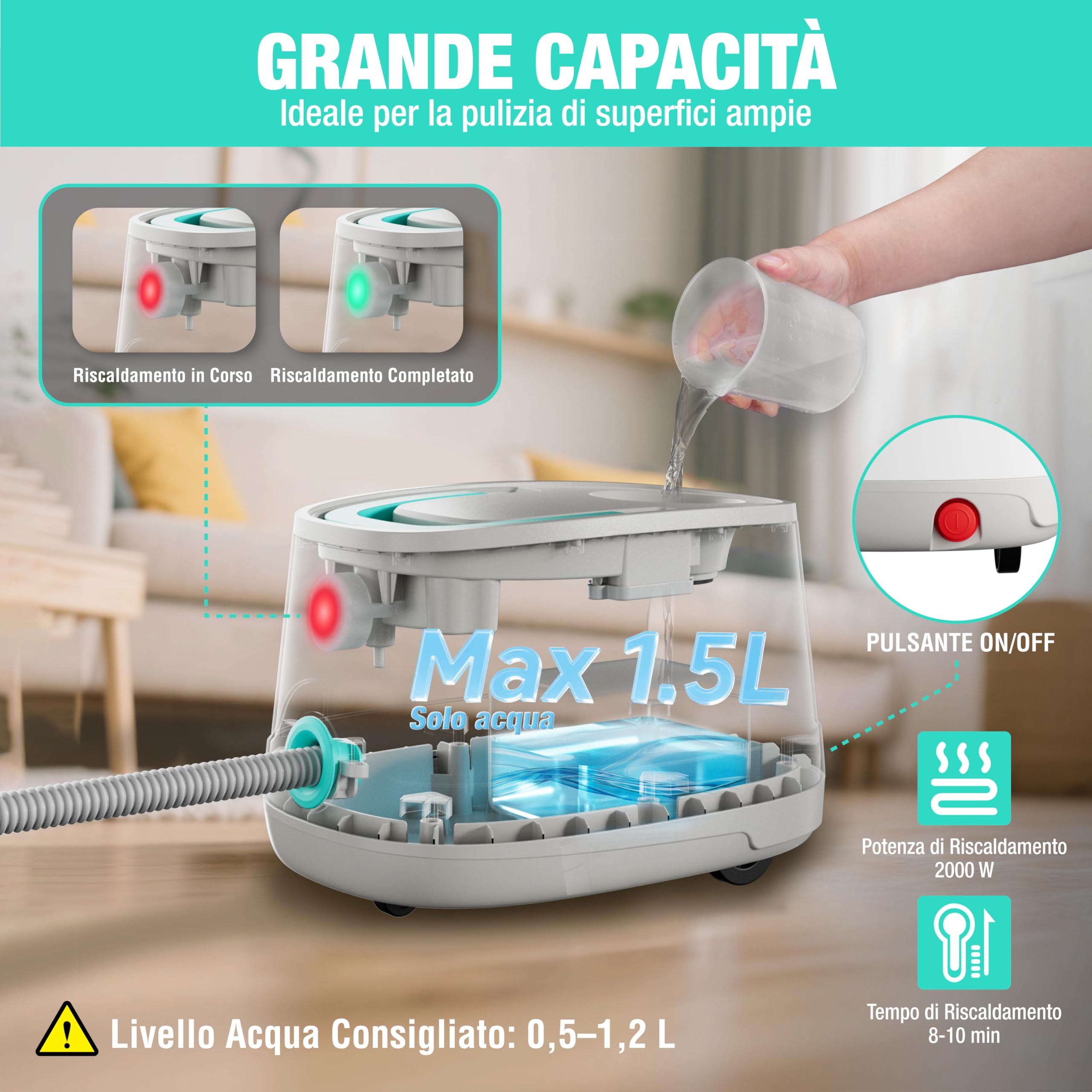 HAUSHOF Pulitore a Vapore Portatile 2000W, 1,5L, 4 Bar, 8 Min Riscaldamento, Lavapavimenti a Vapore Multifunzione con 16 Accessori e Cavo 3m, per Pavimenti, Tappeti, Finestre, Cucina