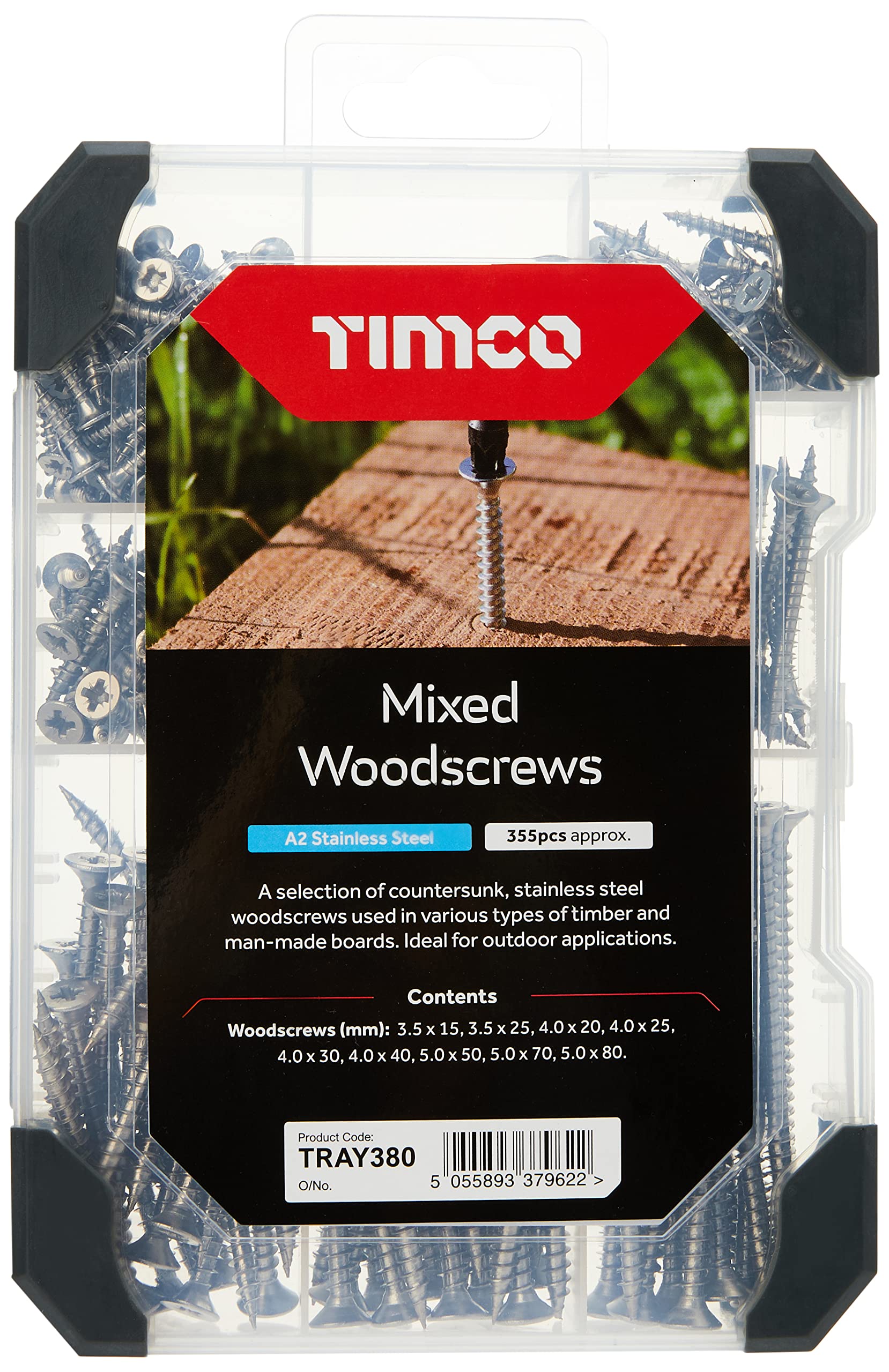 Timco Countersunk A2 Stainless Steel Woodscrews Mixed Tray (340 Pieces) 5055893379622