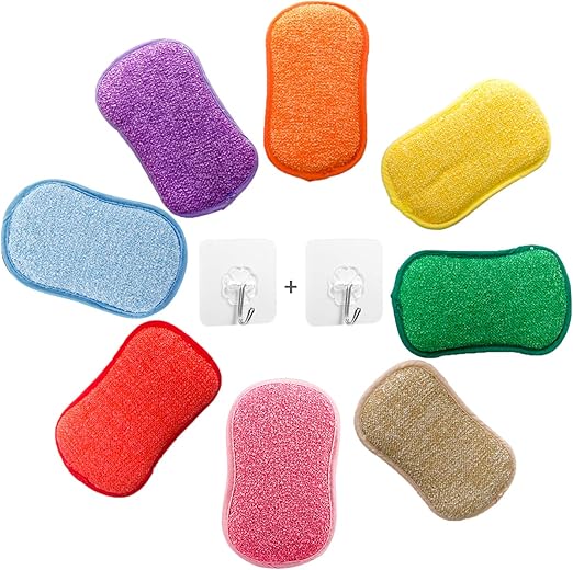 Microfiber Dual Action Kitchen Scrub Sponge, YOUYOUTE 5 Pack Washing Up Cleaner Heavy Duty Scouring Pads Household Cleaning Wash Cloth Reusable Non-Stick Non-Scratch with 2pcs Adhesive Hooks