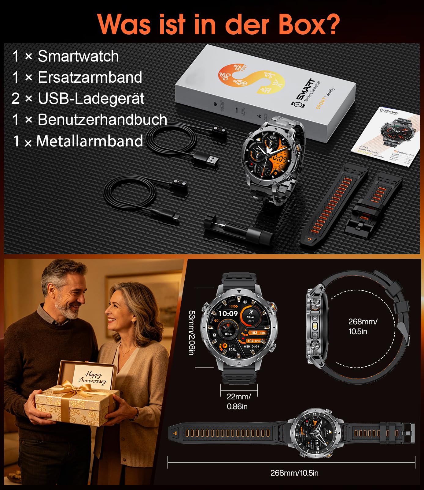 LIGE Militär Smartwatch Herren, 1400mAh Akku, 1,7 Zoll HD Große Smart Watch mit LED Taschenlampe, Bluetooth Anruf, 110+ Sportmodi, IP68 Wasserdicht, Fitnessuhr für Android iOS, 2 Armbändern, Schwarz