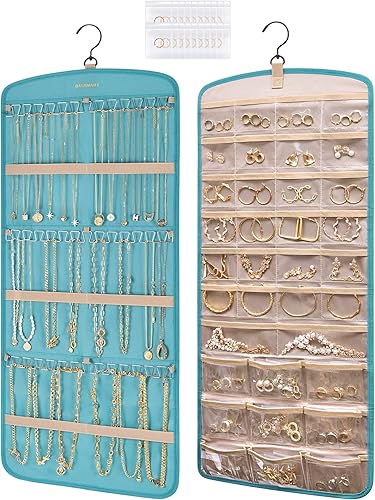 Miniatura 27 de BAGSMART Organizador colgante de joyas, soporte para collares, aretes y anillos, con 20 bolsas de joyería, rollo de almacenamiento de viaje con Negro