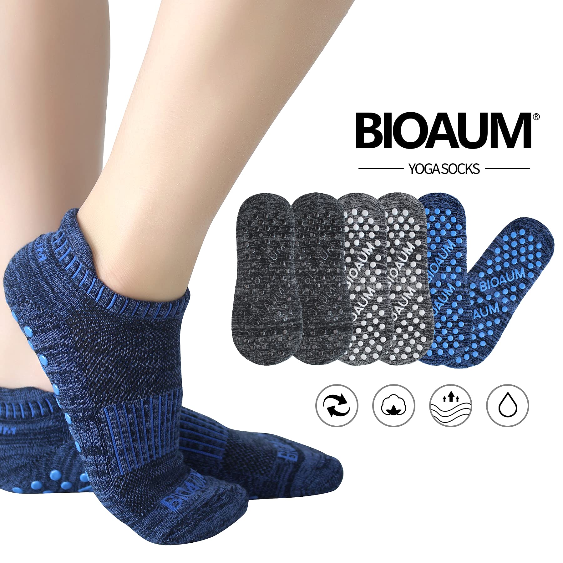 BIOAUM Calcetines de yoga para mujer, 6 pares de calcetines de algodón con agarre antideslizante, para pilates y hospitales