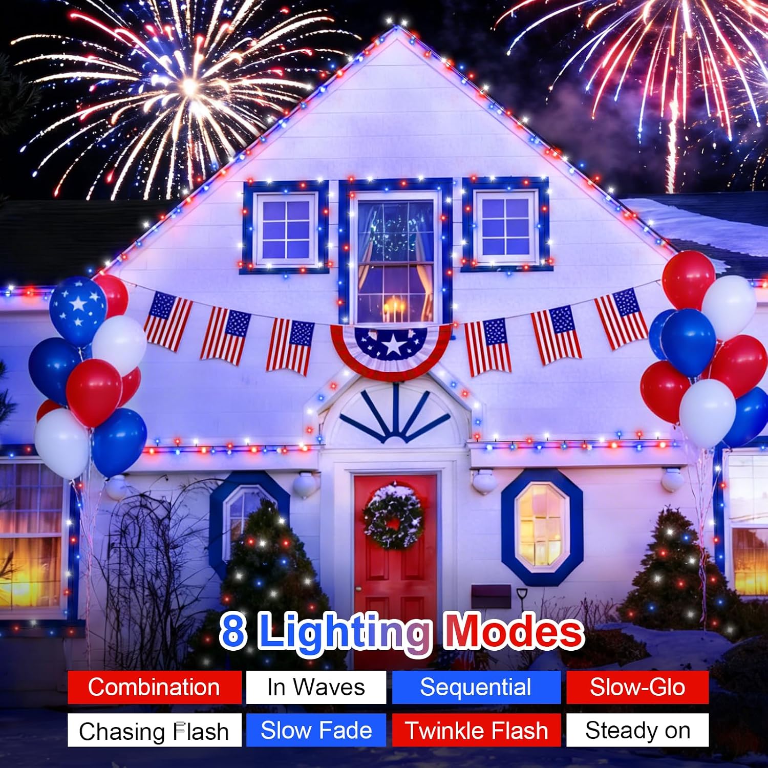 QITONG Red White and Blue Solar String Lights, 2 Pack Each 33ft 100 LED 4th of July Lights Outdoor Waterproof, 8 Modes Green Wire Solar Patriotic Lights for Independence Memorial Day