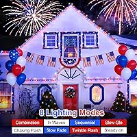 Vista 6 de QITONG Red White and Blue Solar Lights, 2 Pack Each 33ft 100 LED Solar String Light Outdoor Waterproof, 8 Modes Patriotic Lights for Independence