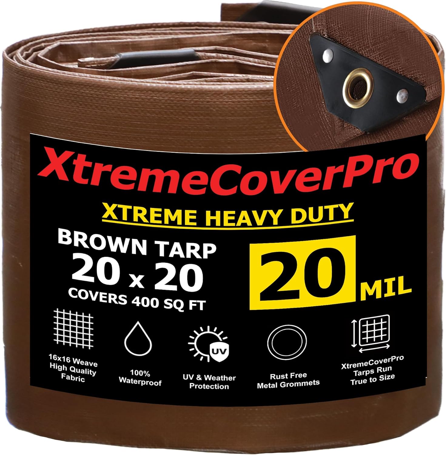 20' x 20' Brown Super Ultra Heavy Duty Tarp – 20 Mil Waterproof & UV-Resistant 20x20 - Large Outdoor, Waterproof Cover for Rain Camping, Tent Tarp, UV Protection, Reinforced Corners