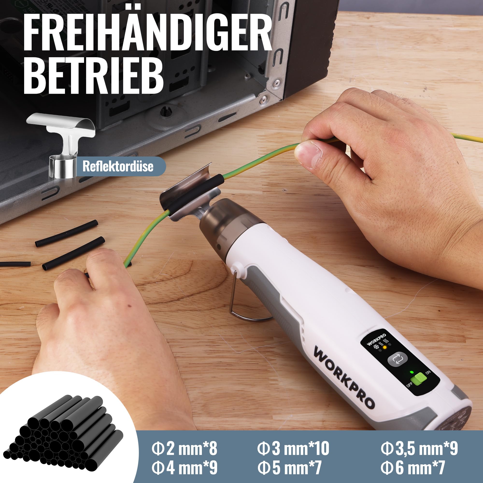 WORKPRO 8V Mini Heißluftpistole mit 4000mAh Akku, 300℃/450℃ Heiztemperatur 30s Schnellaufheizen, Mini Heißluftfön mit Reflektordüse und 50 Stk. Schrumpfschläuche für DIY, Reparaturen & Bastelarbeiten