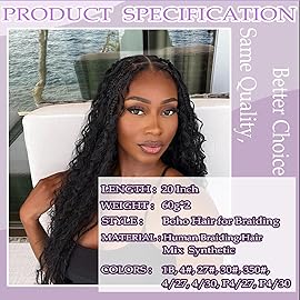 Human Braiding Hair Mix Synthetic Boho Hair for Braiding, 18 Inch Deep Wave Bulk for Boho Braids 2 Pcs Curly Bohemian Wet and Wavy Braiding Hair(1B, 18 Inch-2pcs)
