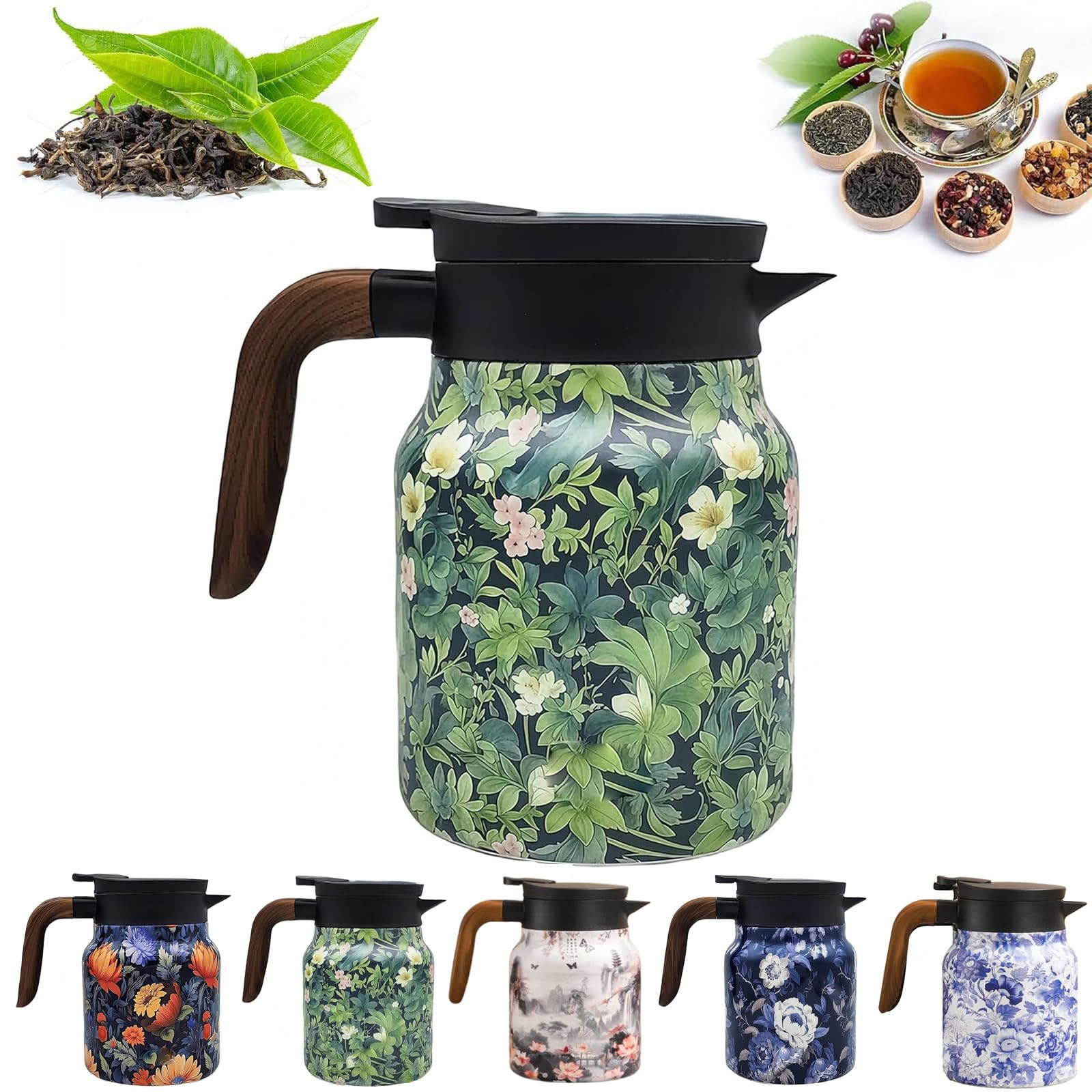Vintage Floral Pattern Tea, Tea Pot Built-In Infuser, Stainless Steel Teapot Carafe with Lid for Hot Drinks (Style A,1000ml)