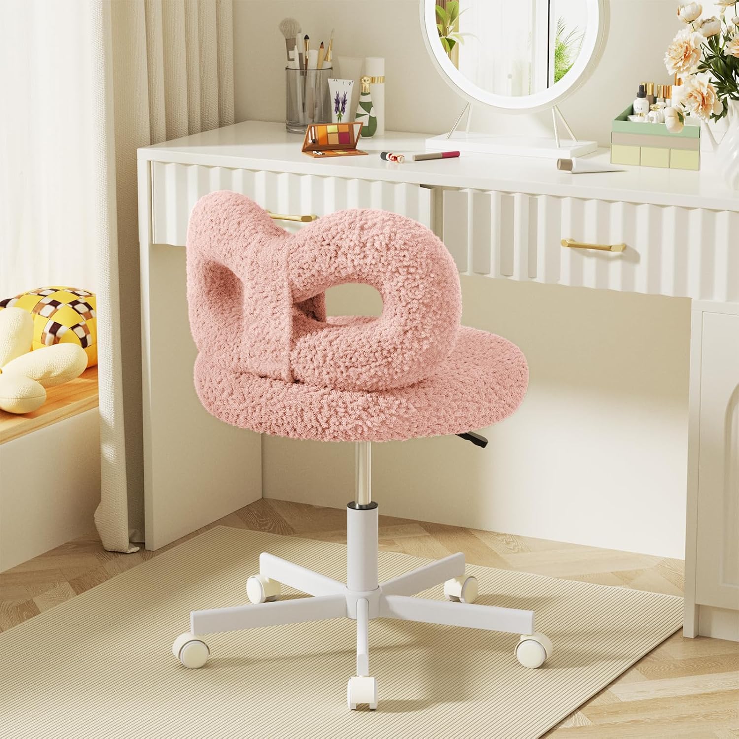 ROOMTEC Vanity Chair with Wheels, Swivel Makeup Chair, Height Adjustable Bedroom Chair with Upholstered and Cute Bow Backrestst (White Leg, Pink)