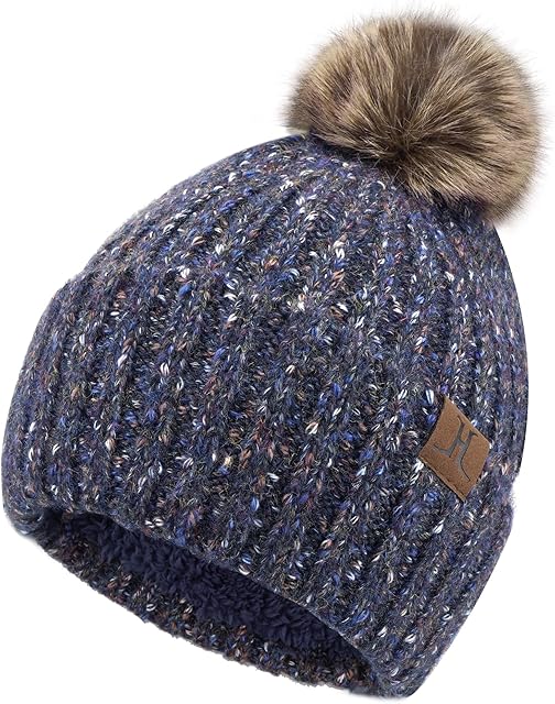 Bequemer Laden Womens Winter Warm Knit Beanie Hat Slouchy Skull Cap with Faux Fur Pom Pom Thick Fleece Lined