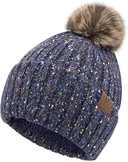 FZ FANTASTIC ZONE Womens Winter Warm Knit Beanie Hats Slouchy Skull Cap with Faux Fur Pom Pom Thick Fleece Lined