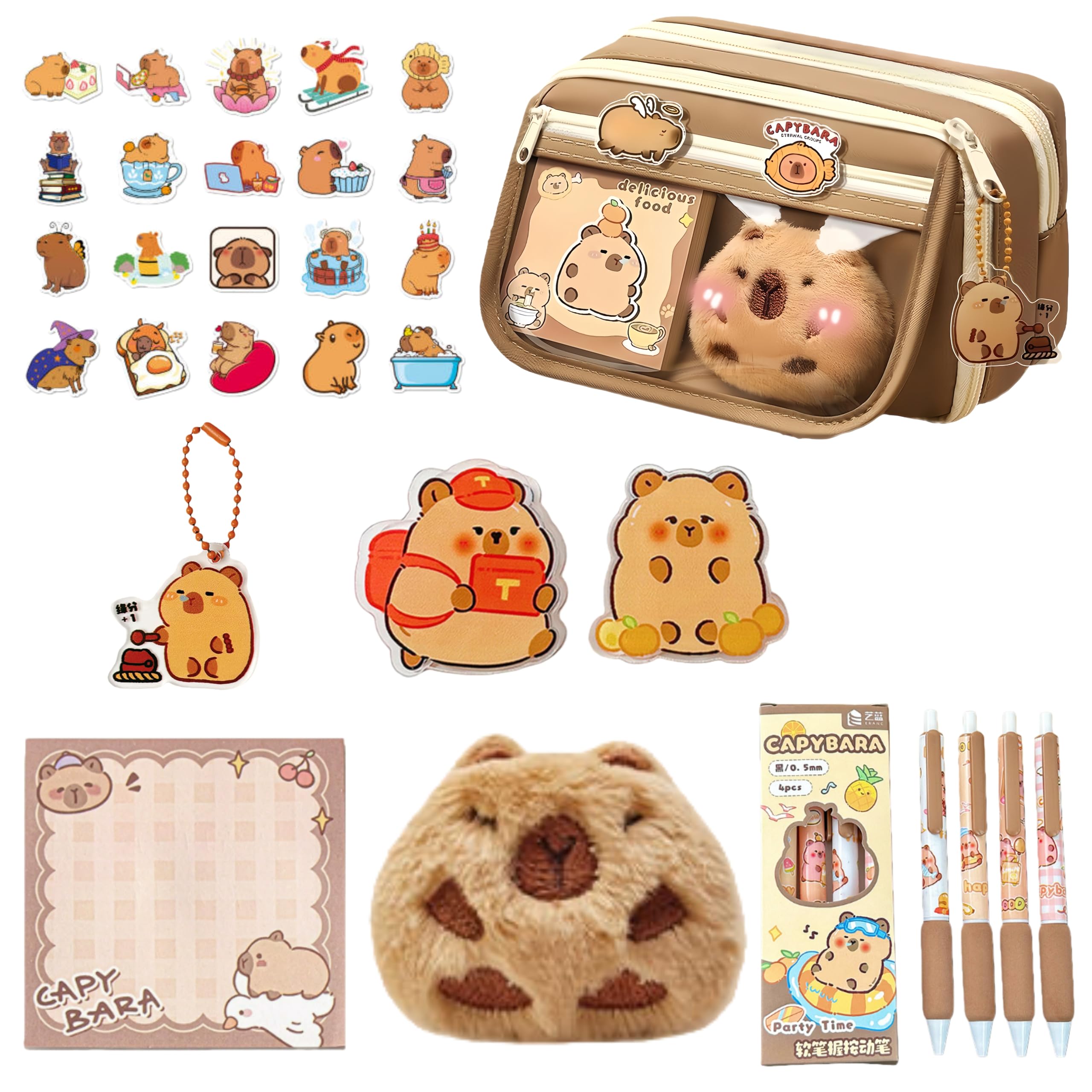 Capybara Pencil Case Kit with Plush Doll+20 Stickers+2 Brooches+Sticky Notes+Pens +Pendant,9-Layer Large Capybara Stationery Set Kawaii Makeup Bag (Brown)