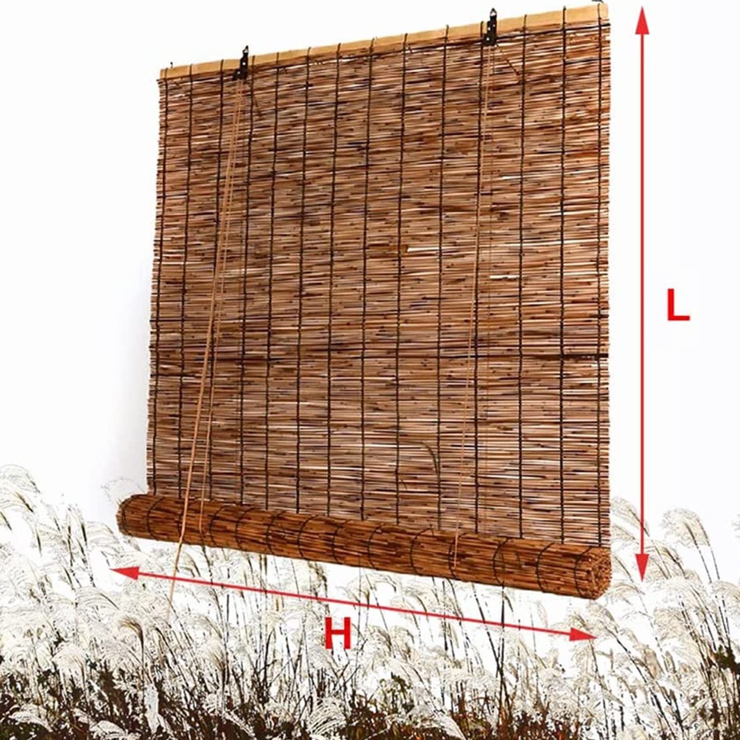 Natuurlijke bamboe rolgordijnen, retro bamboe tinten, verduisterende rolgordijnen, Romeinse raamtinten, bamboe oprolbaar privacyscherm, zonneschermgordijn voor thuis buitenterrassen, aangepast (B140xH220cm/55x87