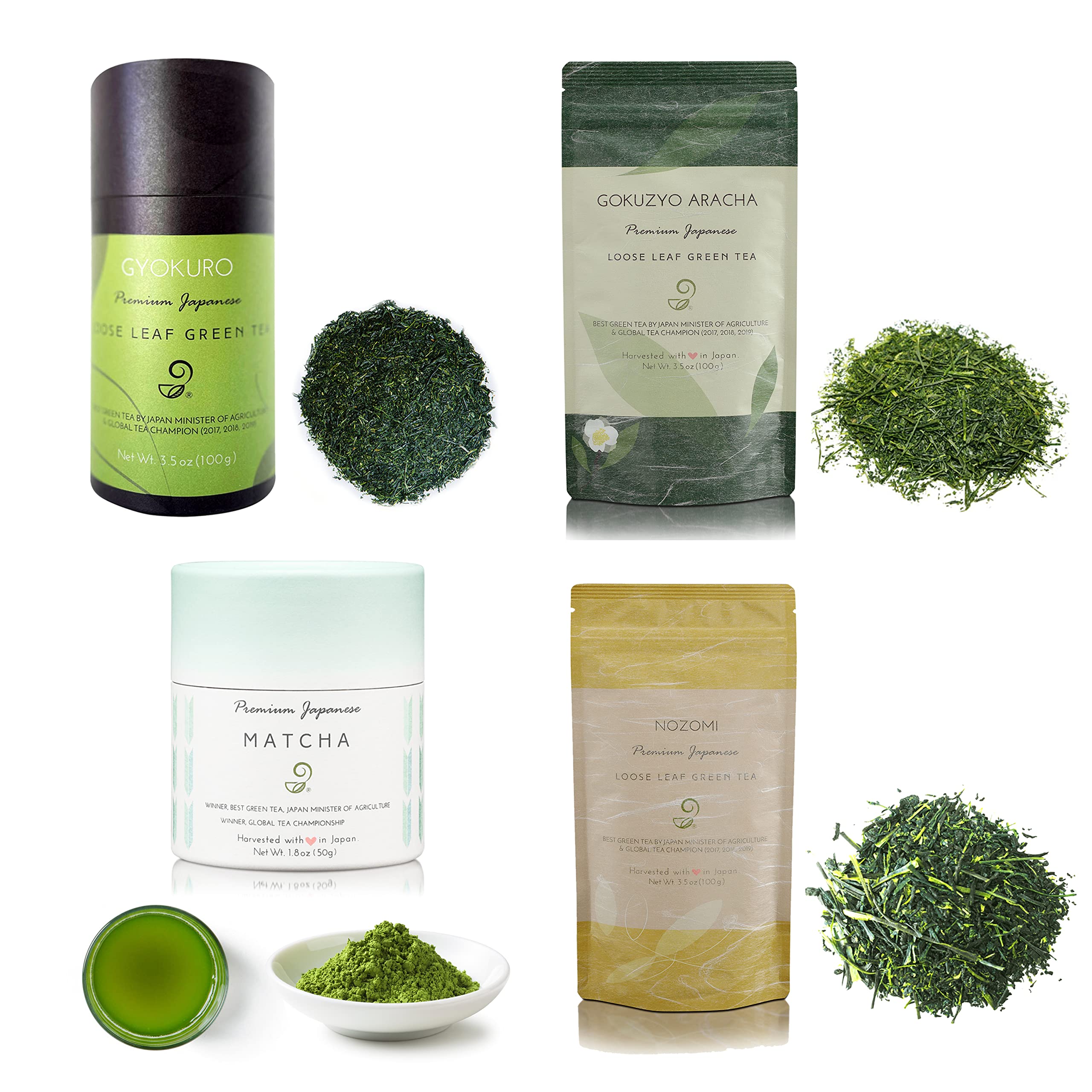 Matcha Gyokuro Nozomi and Gokuzyo Aracha Tea Assortment from Japanese Green Tea Co - Single Origin All-Natural Japanese