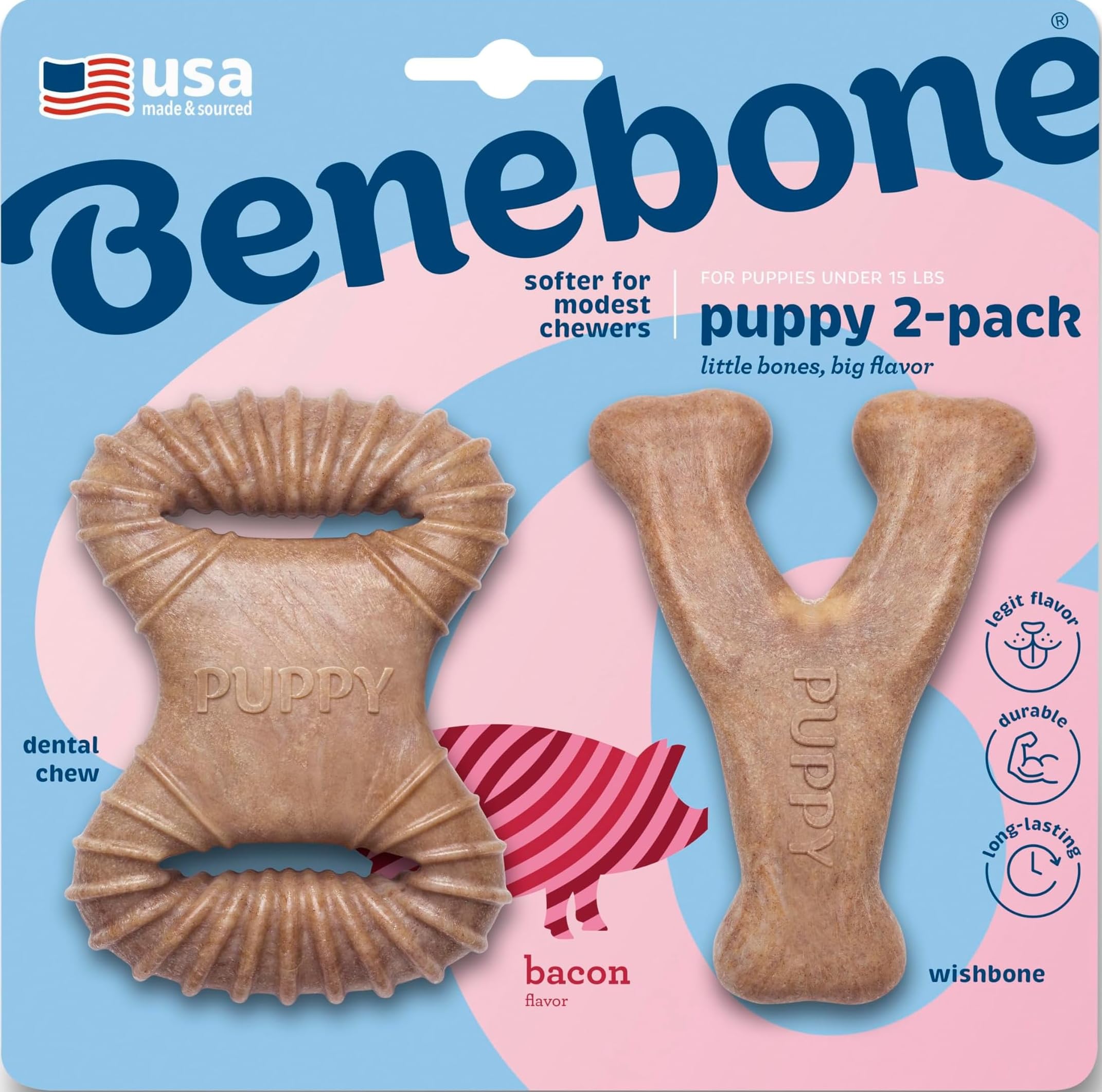 Benebone Marron Puppy Chew Toy Dental Chew-Wishbone Bacon