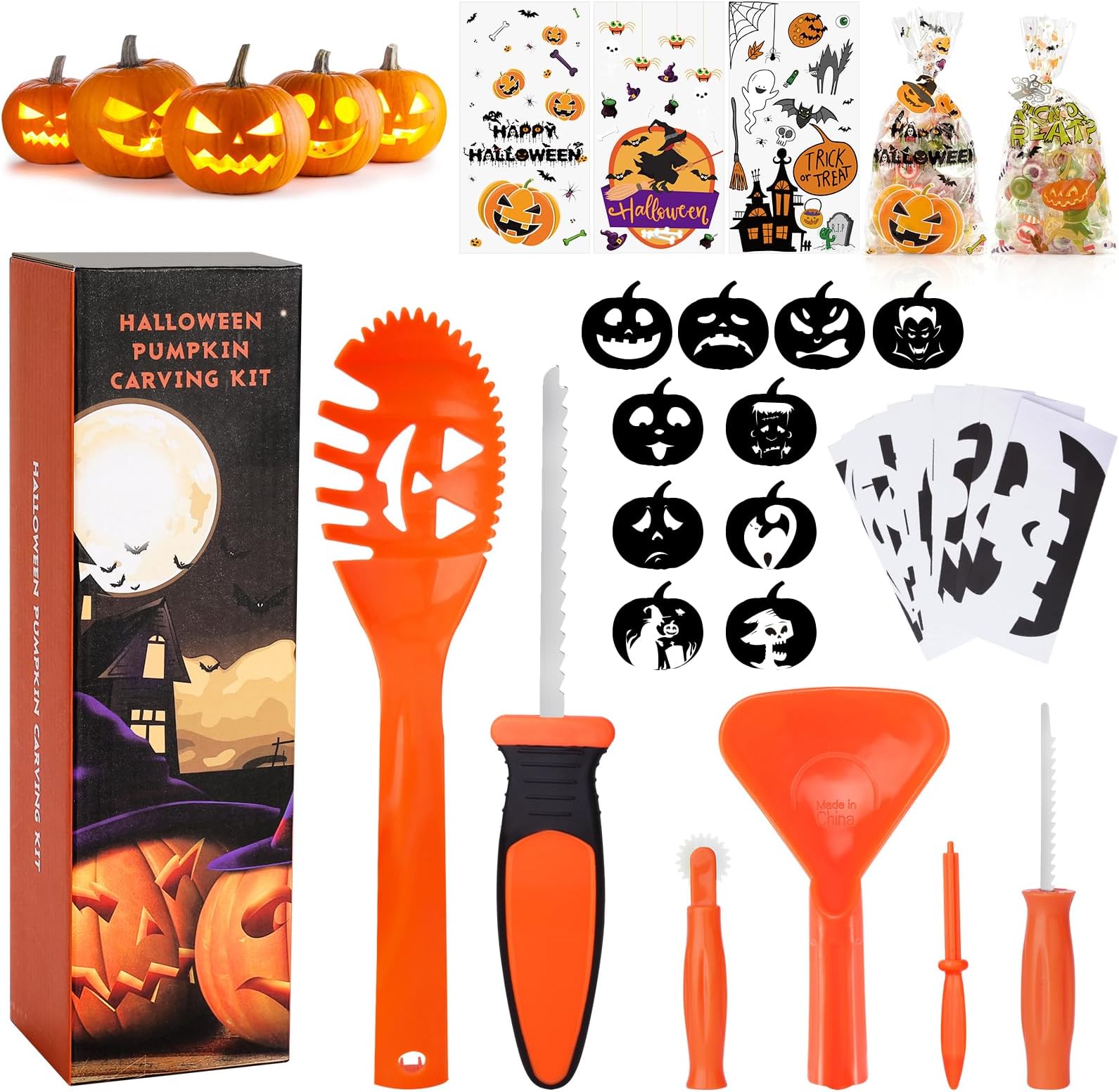 SKINOSM Pumpkin Carving Kit for Kids, 6 Easy Halloween Pumpkin Carving Tools Set, Stainless Steel Pumpkin Carving Tools,10 Carving Stencils & 20 Halloween Cellophane Candy Bags