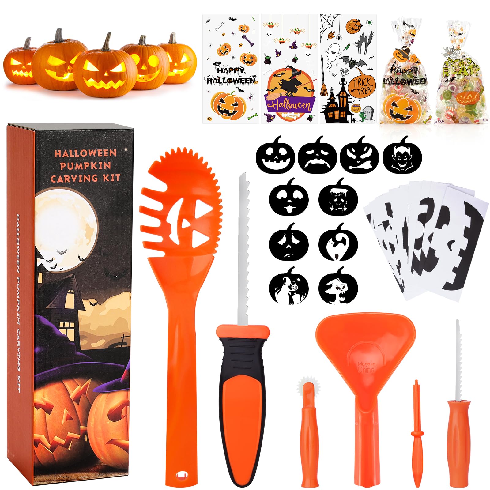 HOTSAN Pumpkin Carving Kit, 6 Easy Halloween Pumpkin Carving Tools Set, 10 Carving Stencils, 20 Halloween Cellophane Candy Bags, DIY Jack-O-Lantern Halloween Decorations