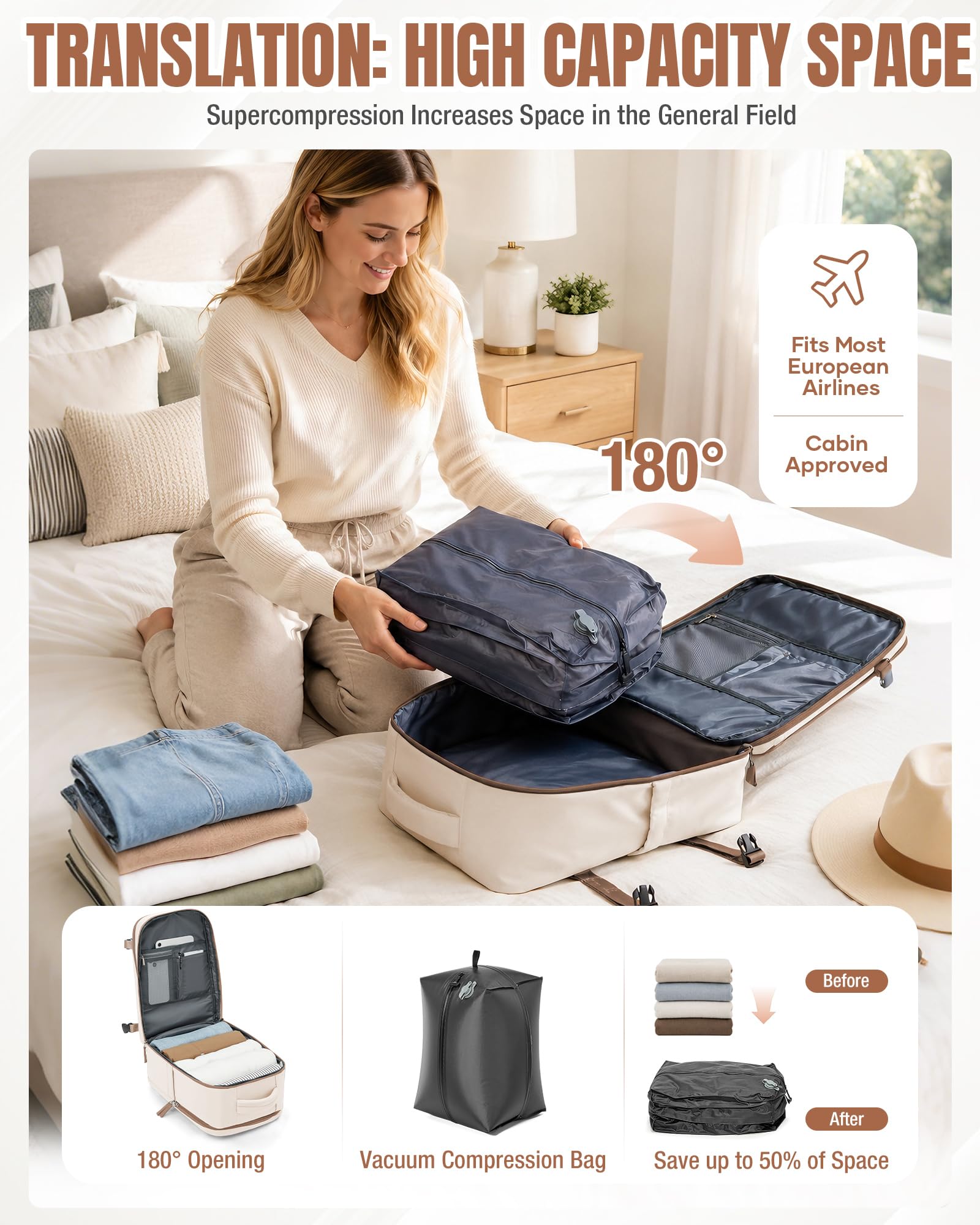 BJLFS Mochila Viaje al Vacio con Bomba Mochila Viaje Cabina Avion 40x30x20 Ryanair Mujer Equipaje de Mano 40x30x20 Wizzair Vueling Easyjet Bolsa de Viaje Hombre Mochilas para Computadoras portátiles