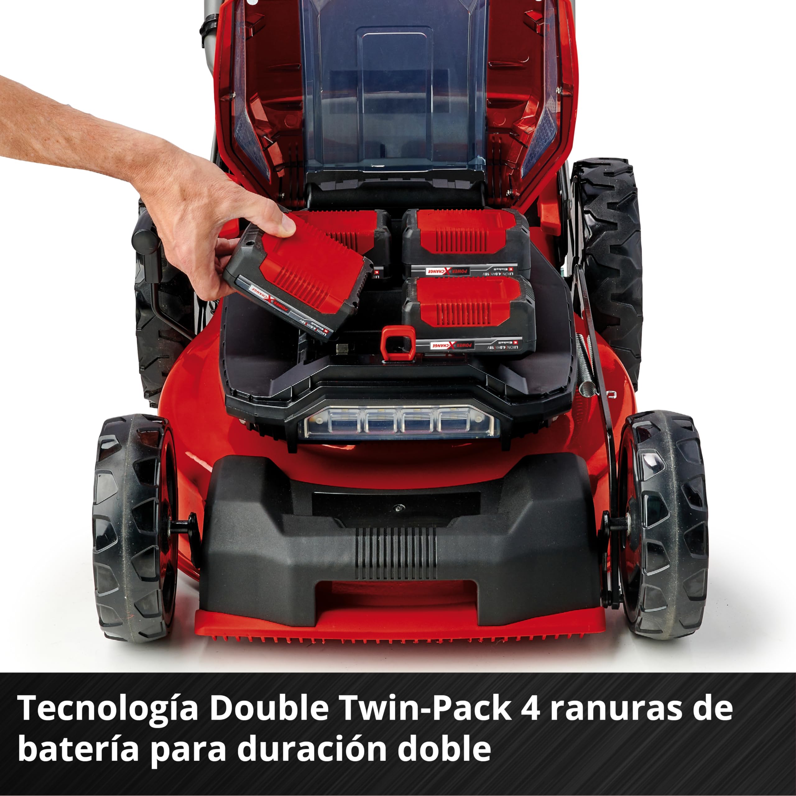 Einhell Professional Cortacésped con batería GP-CM 36/47 S Li BL Power X-Change (36 V, 47 cm de ancho de corte, hasta 700 m², sin escobillas, cesta 65 L, incl. 4x4,0Ah baterías, 2x Twincharger)