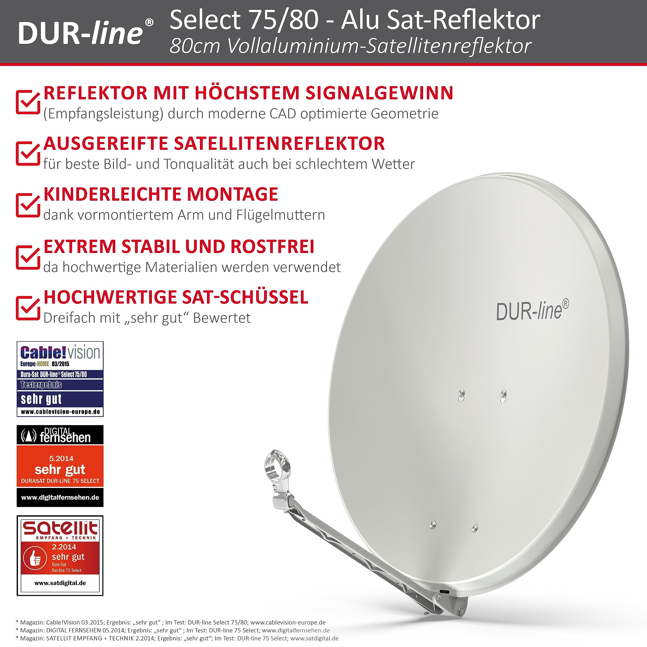 DUR-line sELECT 75/80 x 3 cm Antenne Parabolique Satellite Camping Car, Parabole Aluminium
