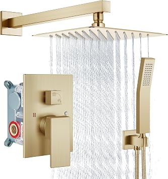 Aolemi Shower Faucet Set Rain Shower System with Handheld Spray Bathroom Shower Combo Rough-in Valve and Shower Trim Kit Included Brushed Gold 8 Inch Wall Mount Shower Head