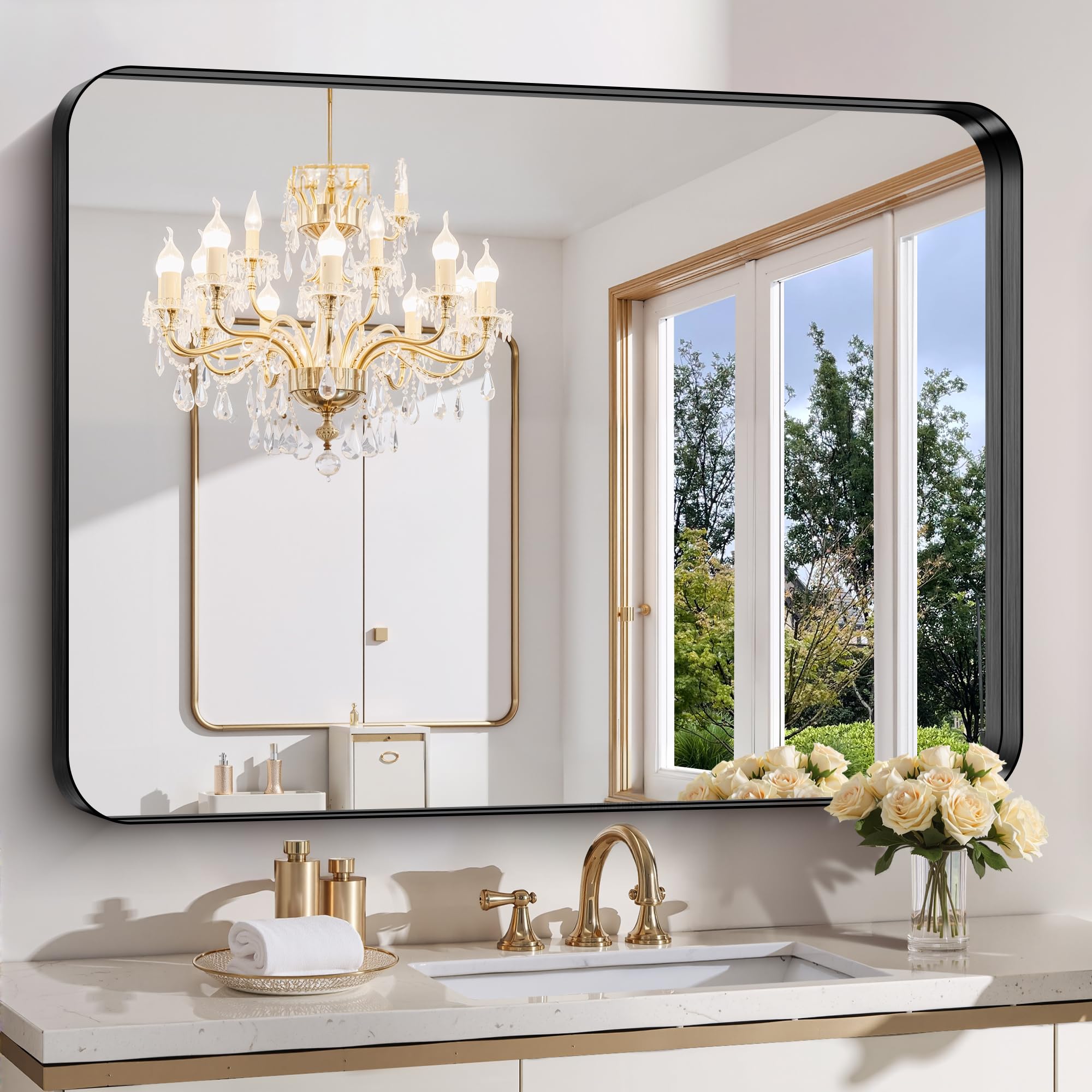 FORBATH 48x36 Inch Bathroom Mirror, Recessed Brushed Black Frame Wall Mirror with Rounded Corners, Anti-Rust Tempered Glass for Modern Farmhouse Vanity (Horizontal/Vertical)