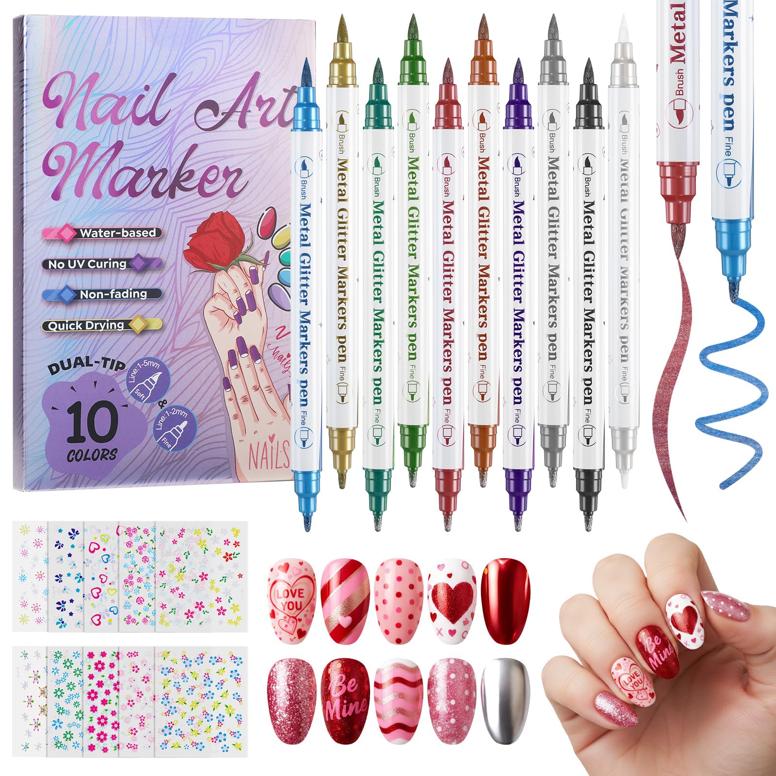 Photo 1 of 10 Colors Dual Tip Nail Art Pens Set&10PCS Nail Art Stickers, Fine Tip & Brush Metallic Art Graffiti Pen 3D Nail Polish Paint Pens Quick Drying Waterproof Drawing Marker for Nail Art Drawing Salon DIY