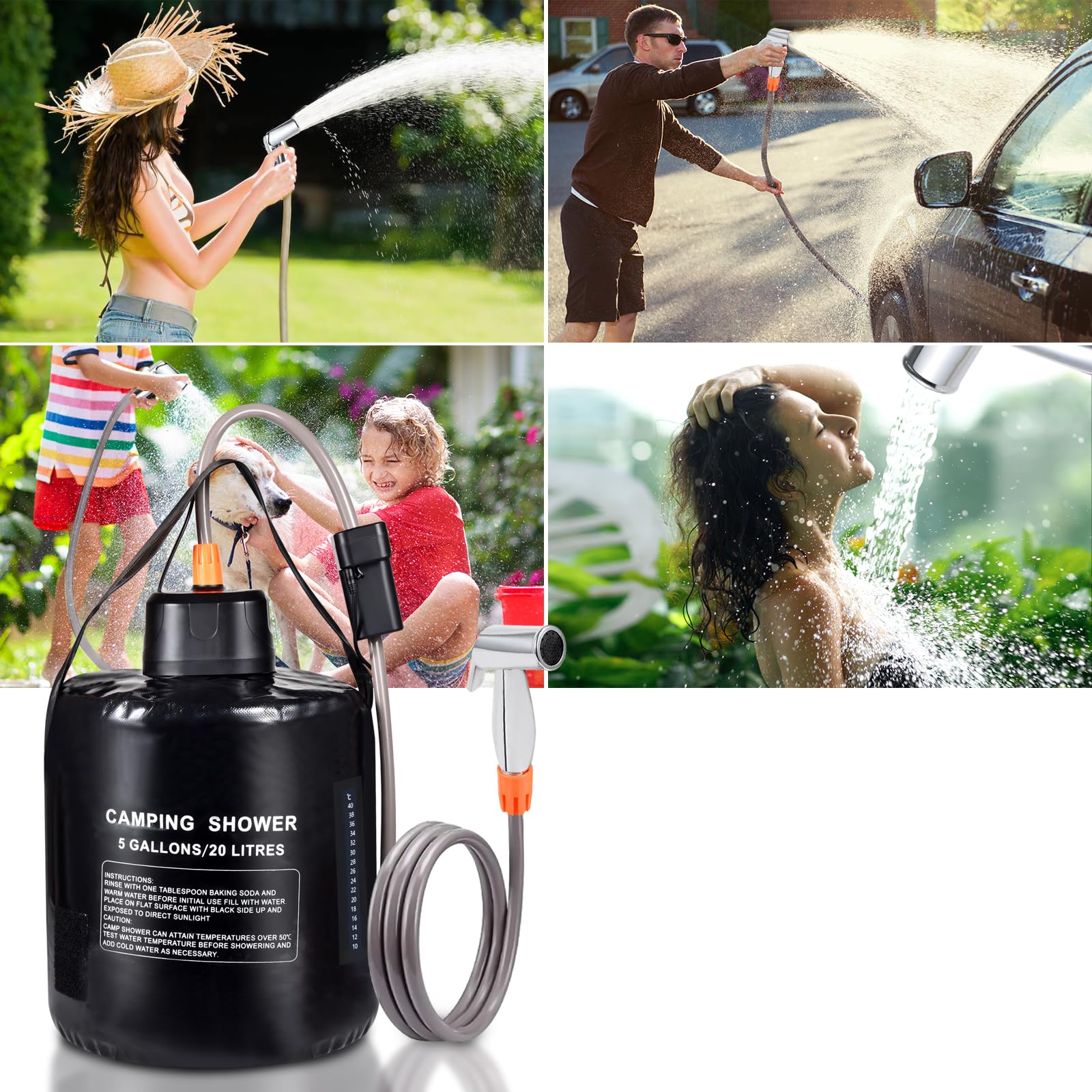 20L Sacco d'Acqua per Campeggio Doccia Portatile,termometro,Riscaldamento Solare,Batteria Integrata 4400mAh,Ricarica USB,spruzzatore,Adatto per Escursioni/Zaino,Campeggio,Spiaggia,Giardino