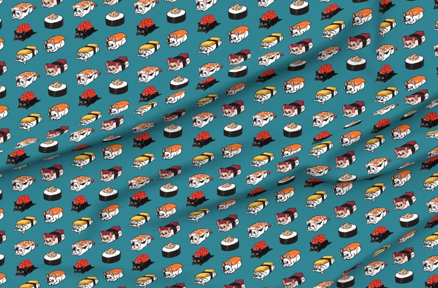Spoonflower Fabric - Sushi Frenchie French Bulldog Japan Food Cute Kitchen Japanese Funny Printed on Organic Cotton Sateen Fabric by The Yard - Sewing Quilting Apparel Home Decor