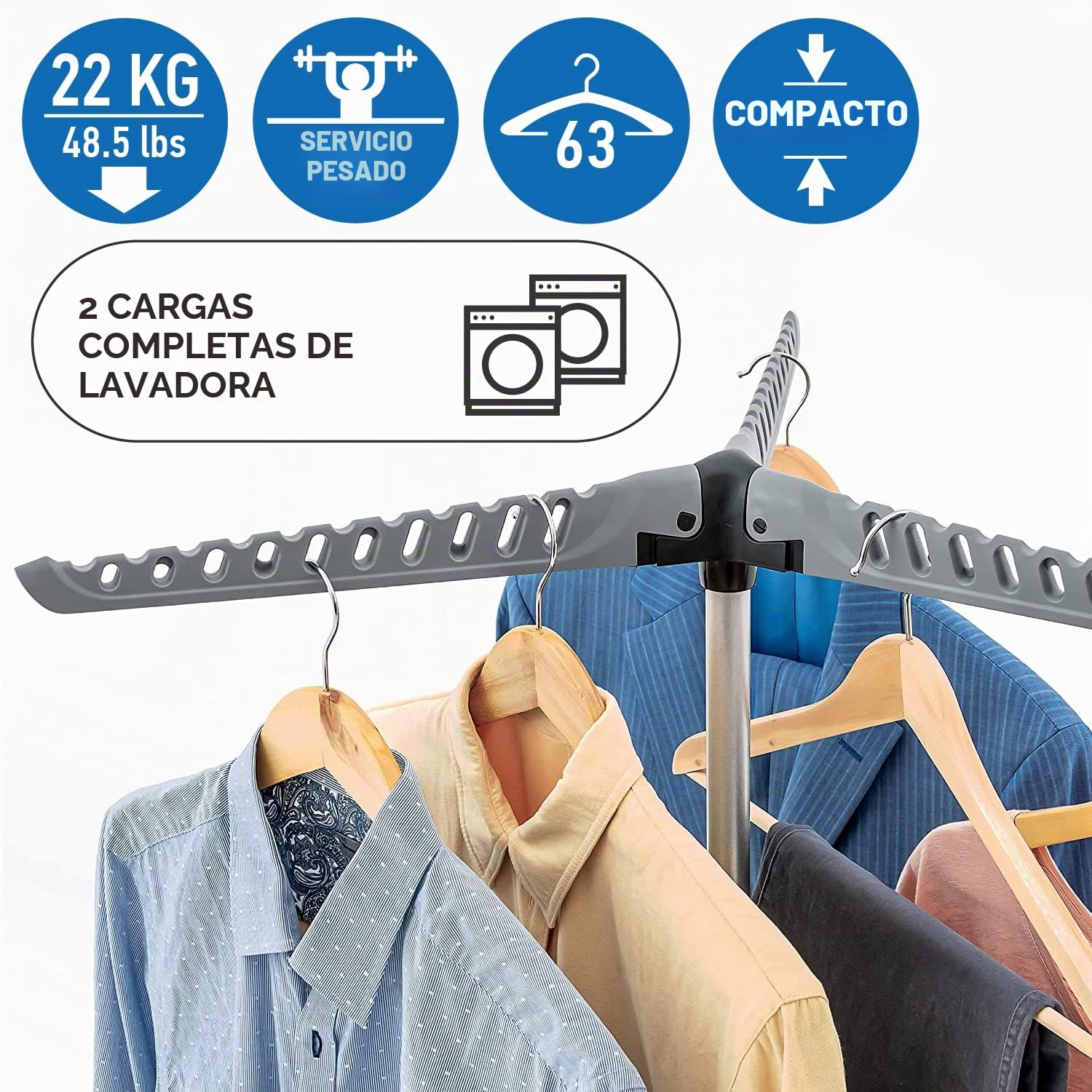 art moon Cedar Tendedero Plegable Resistente, Soporte para Colgar Ropa, Interior y Exterior, Capacidad Máxima 22 kg o 63 Perchas, Fácil Montaje, Gris
