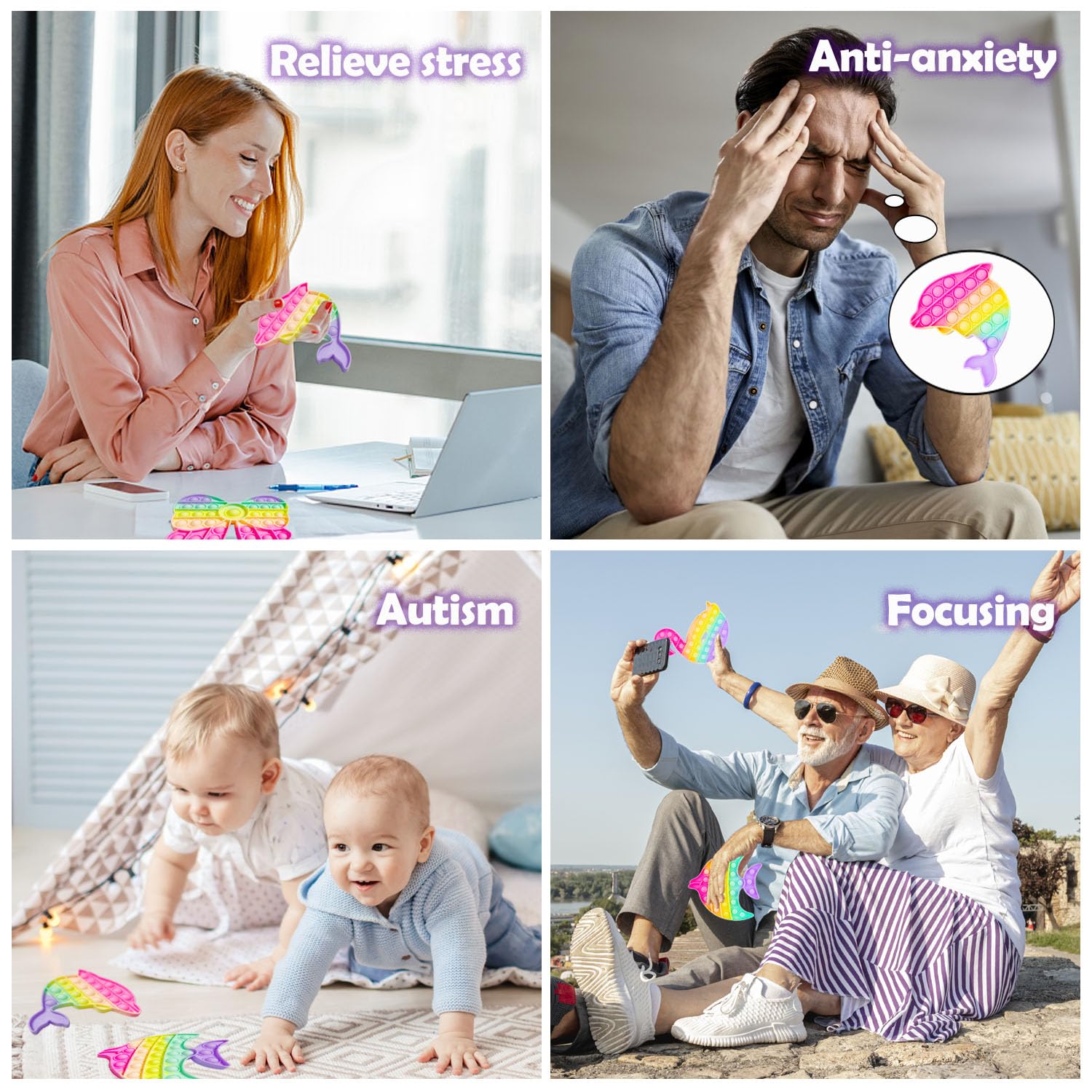Yeefunjoy Push IT and POP Bubble, zestaw 4 zabawek Poppit Pop Fidget, zabawka sensoryczna, redukuje stres, prezent urodzinowy dla dorosłych i dzieci, aby złagodzić lęk i autyzm