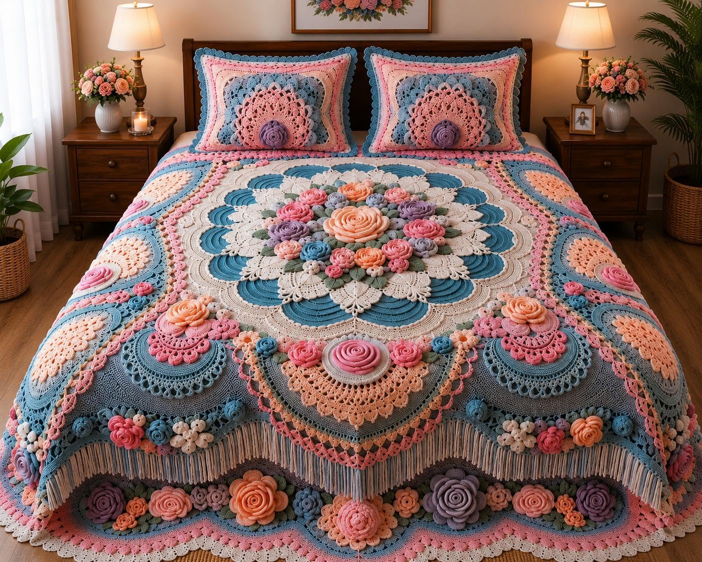 WarmWefft Exclusive Floral Digital (Queen) | 3D Rose Motifs, Mandala Design, Boho Bedroom Decor, Matching Pillow Covers-picture-31