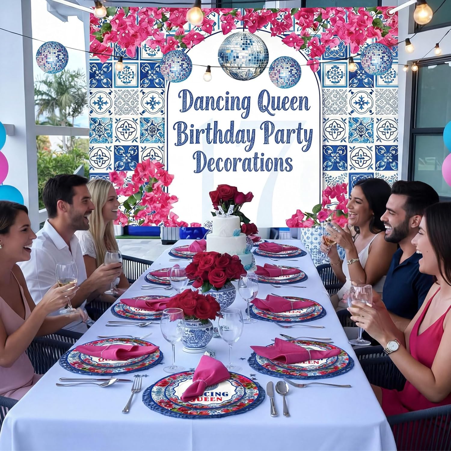 168 Pcs Dancing Queen Party Decorations Retro Disco Birthday Party Supplies Queen 17th Paper Plates Napkins 70s Disco Bachelorette Decor Blue Tiles Rose Red Floral Tableware Set Serves 24