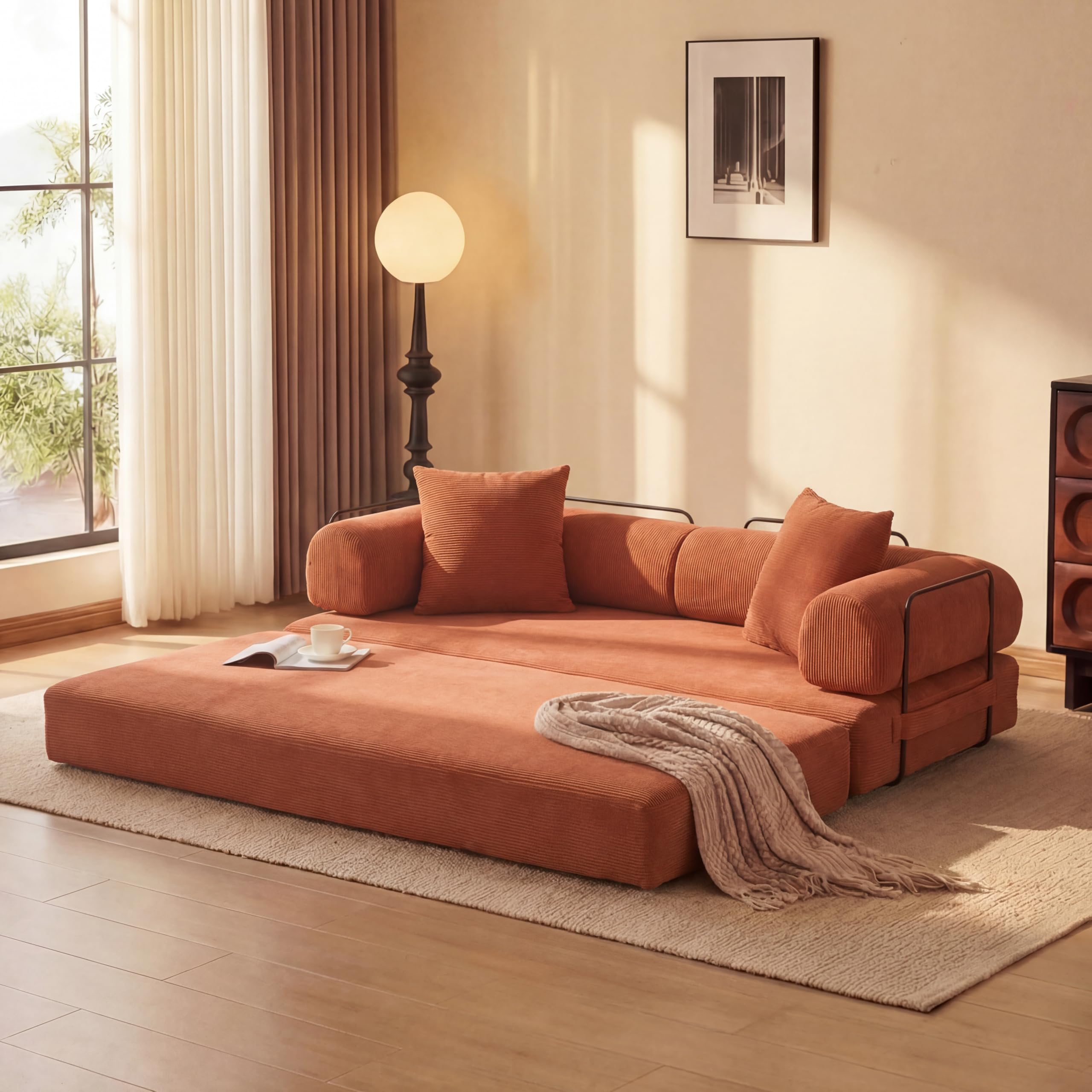 78" Convertible Futon Sofa Bed, Boneless Couches for Living Room, Orange | Corduroy Loveseat Sleeper Futon Sofa Bed, Modular Sectional Sofa, Boneless Couch, Pull Out Couch, No Assembly Required