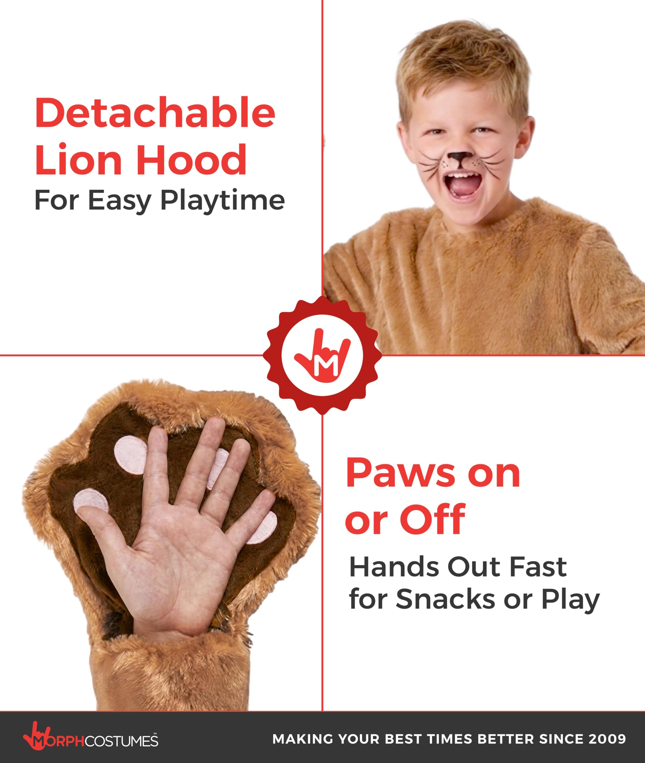 Morph Costume Leone Bambino, Costume Halloween Bambino | Tuta di Peluche, Cappuccio con Orecchie, Coda & Copriscarpe, Perfetto per Halloween, Ideale per il Gioco di Ruolo