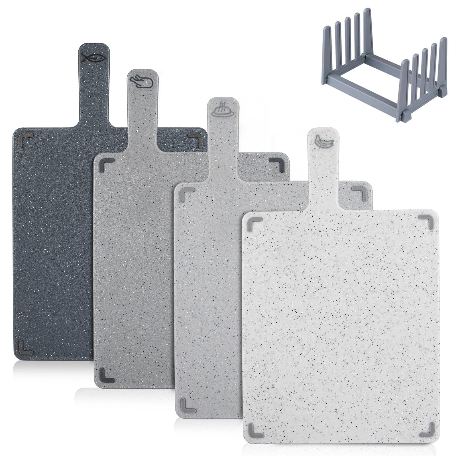 Chopping Board Set, Plastic Colour Coded with Stand, Dishwasher Safe, BPA Free, Durable Kitchen Cutting Boards, Small Serving Tray for Camping, Flexible Easy Grip Handle for Meat, Veg (Grey)