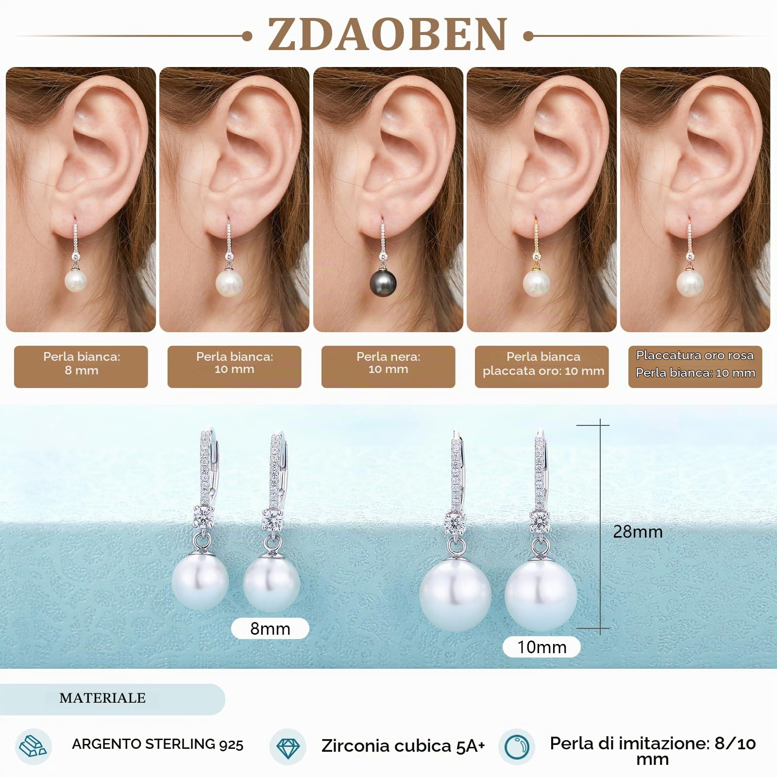 Orecchini Perle Donnain Argento Sterling 925 Leverback Orecchini Pendenti Perla Zrconi Diamantati Perle Gioielli Regali per Donne Matrimonio Spose 8/10 mm