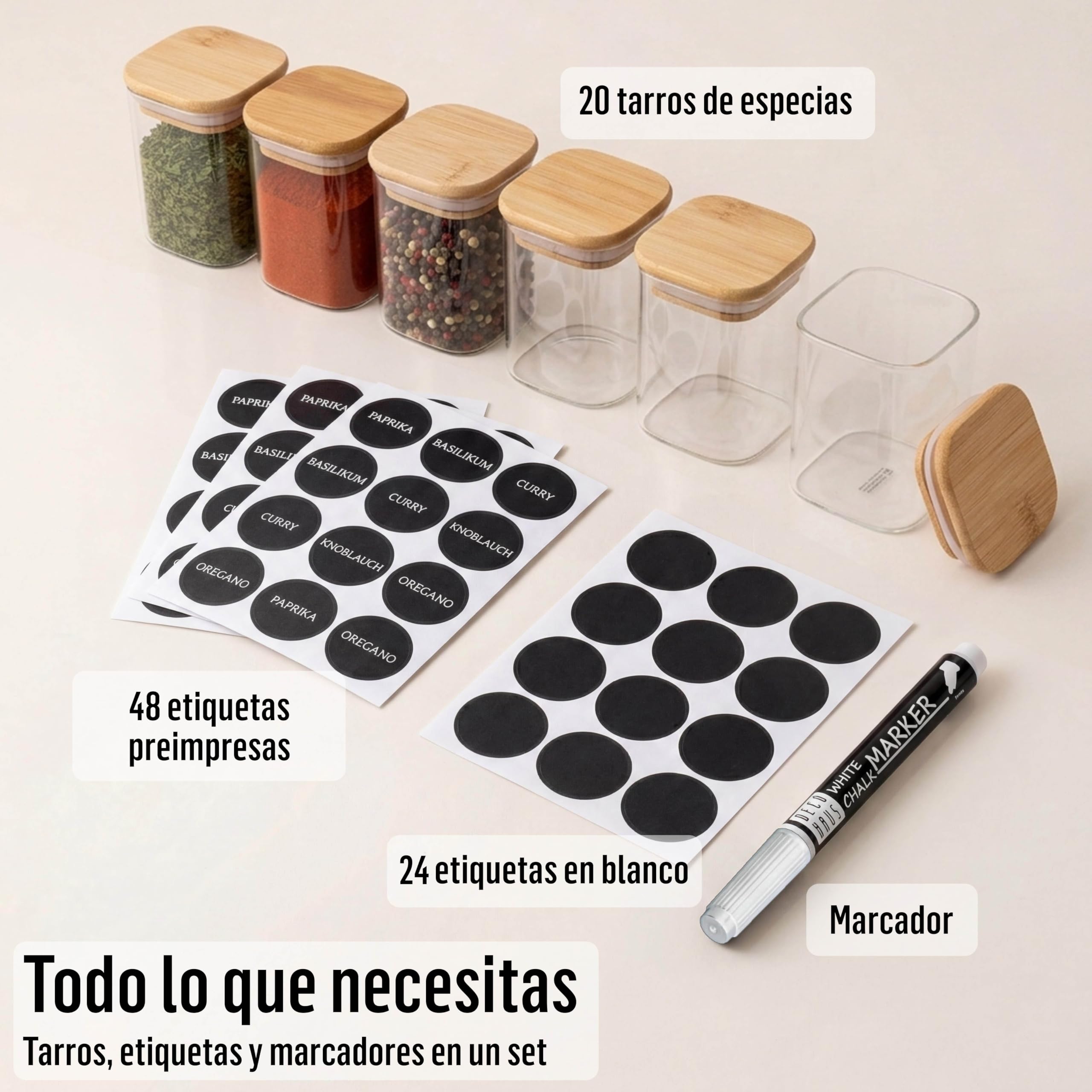 Deco haus® Juego de 20 tarros de especias rectangulares con etiquetas para especias, juego de tarros de especias con tapa de madera, para guardar especias, recipiente para especias