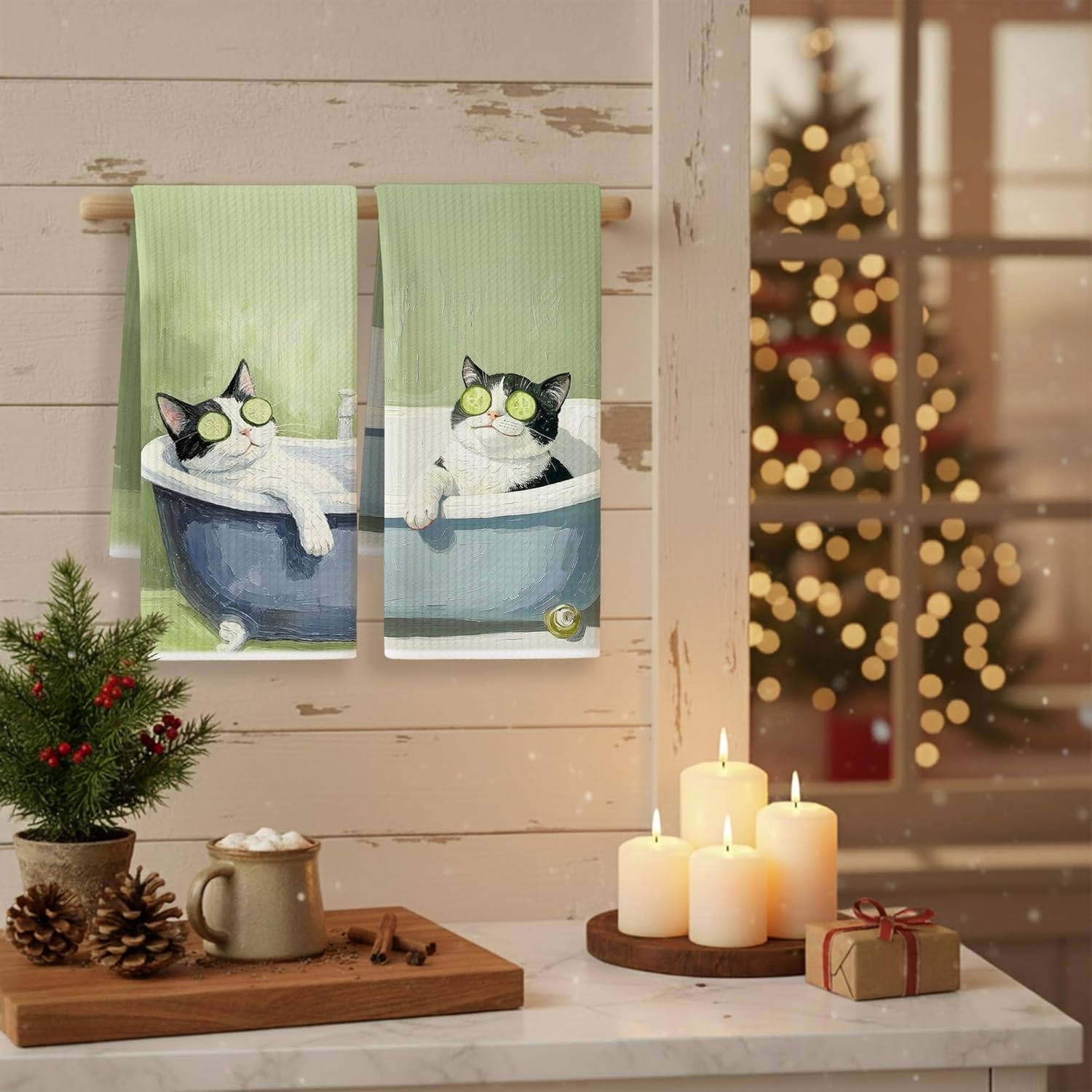 Sage Green Tuxedo Cat Bathroom Hand Towels, Cat Bathroom Decor, Black and White Kitty Kitten Hand Towels for Washroom Restroom, 16x24 Inches Set of 2 - Image 3