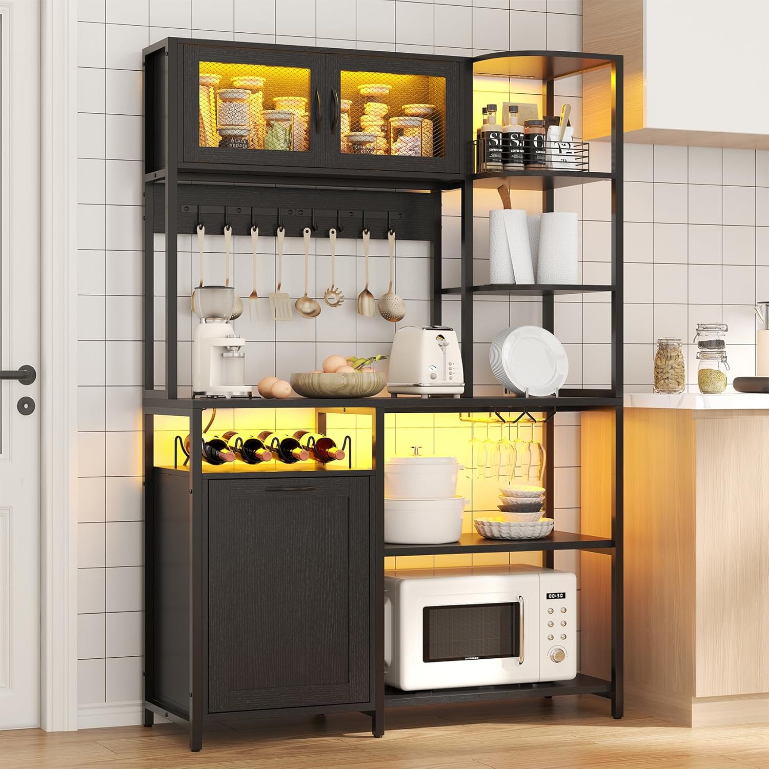 Bigbiglife Bakers Rack with Power Outlet and LED Light, 42.5 inch Industrial Coffee Bar Cabinet with Trash Can Storage Bin Cabinet, Microwave Stand with Storage for Kitchen, Living Room