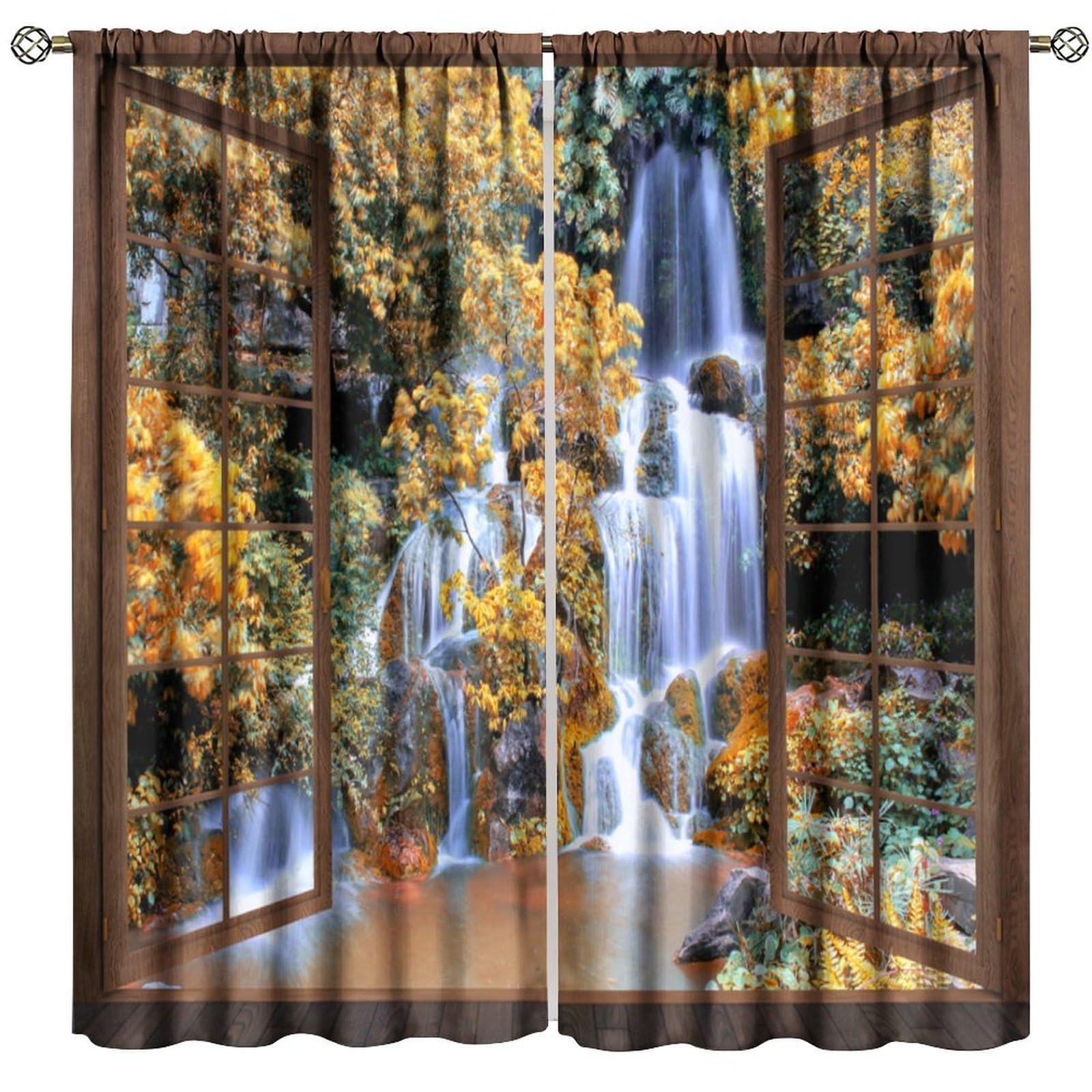 BenYaSong Forest Waterfall Blackout Curtain Open Wooden Windows View Waterfall for Home Kitchen Restaurant Decoration Window Drapes 2Panel 52" W X 84" L