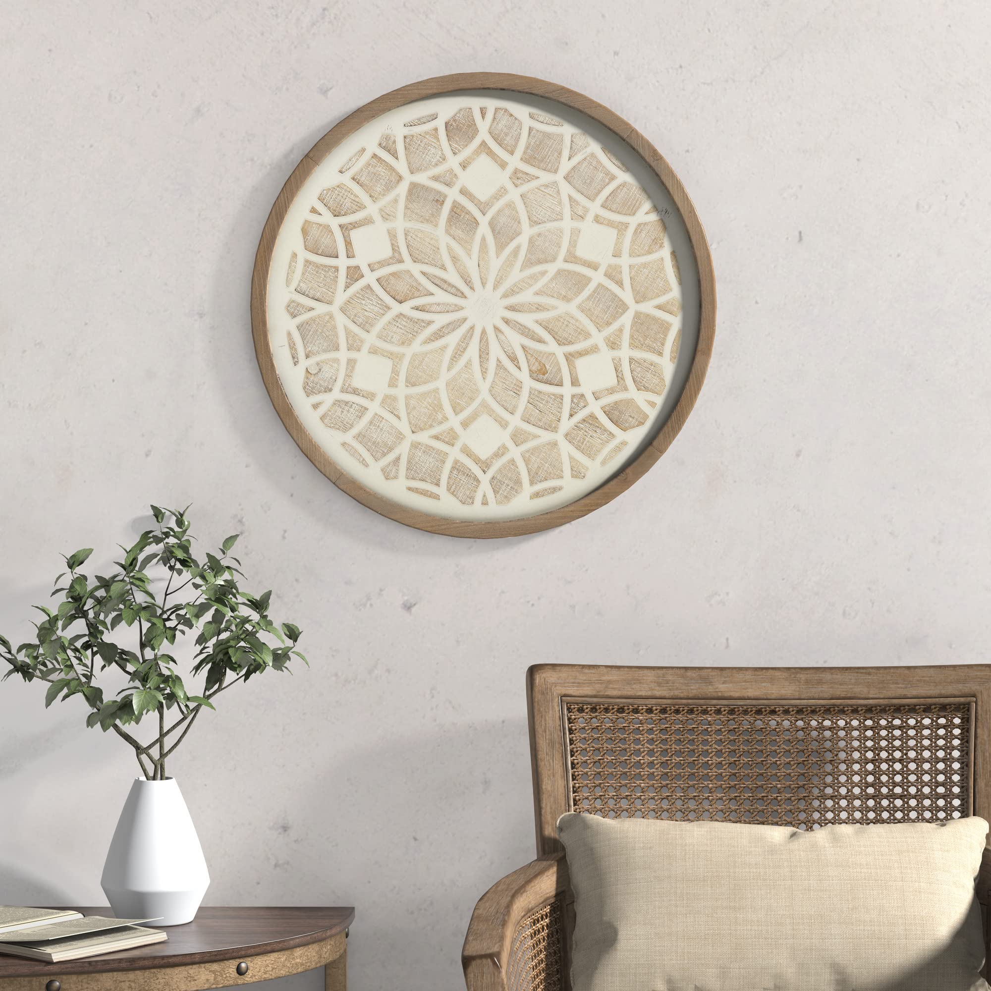 Madison Park Wall Art Living Room D??cor - Leah Wood Medallion Boho Round Design, Home Accent Modern Kitchen Dining Decoration, Ready to Hang Panel for Bedroom, Dia 27"x 1.25"D, Natural/White